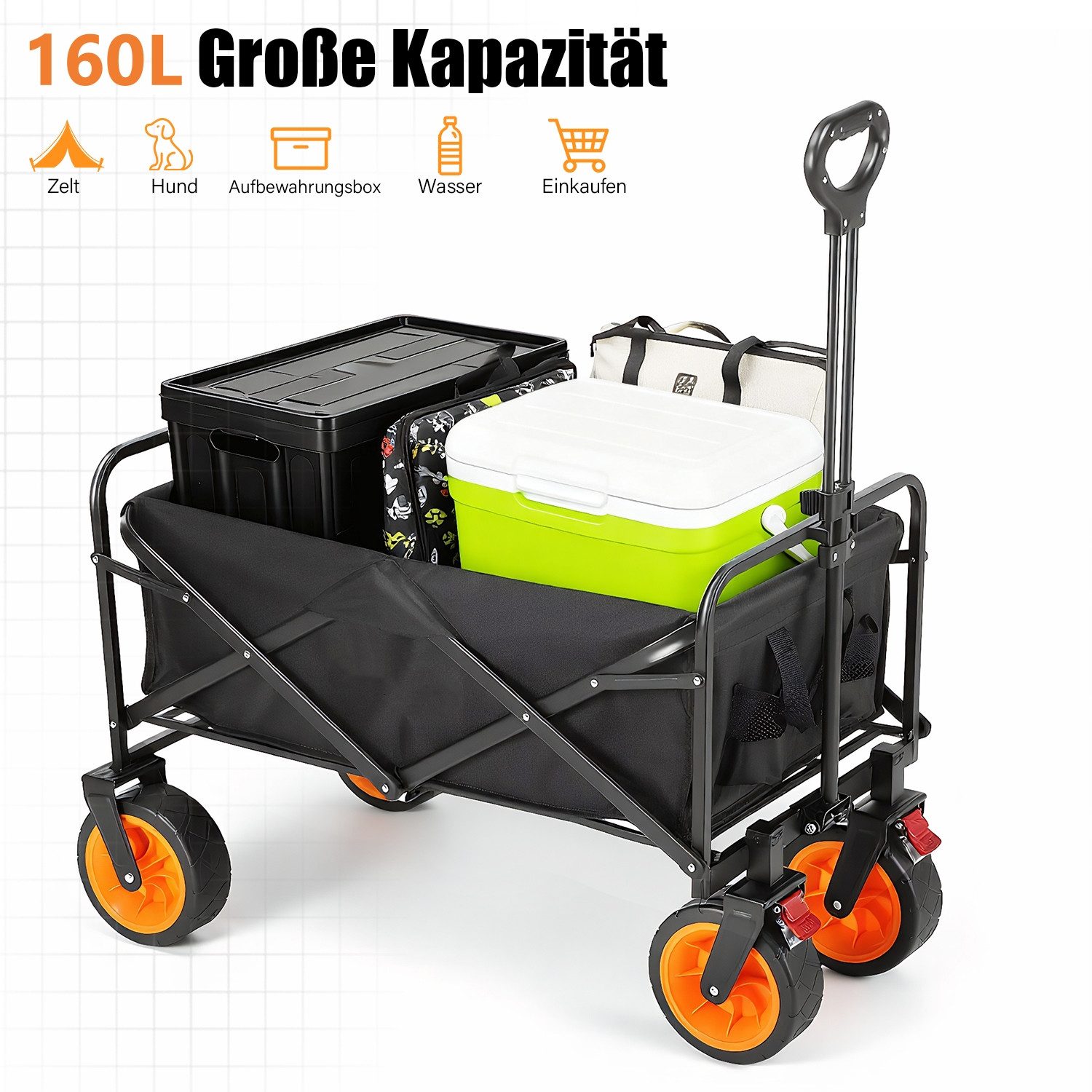 oyajia Bollerwagen Faltbarer Bollerwagen bis 150kg Handwagen Breite Reifen Alle Gelände, Ultrakompakte Faltgröße, mit einer Hand faltbar