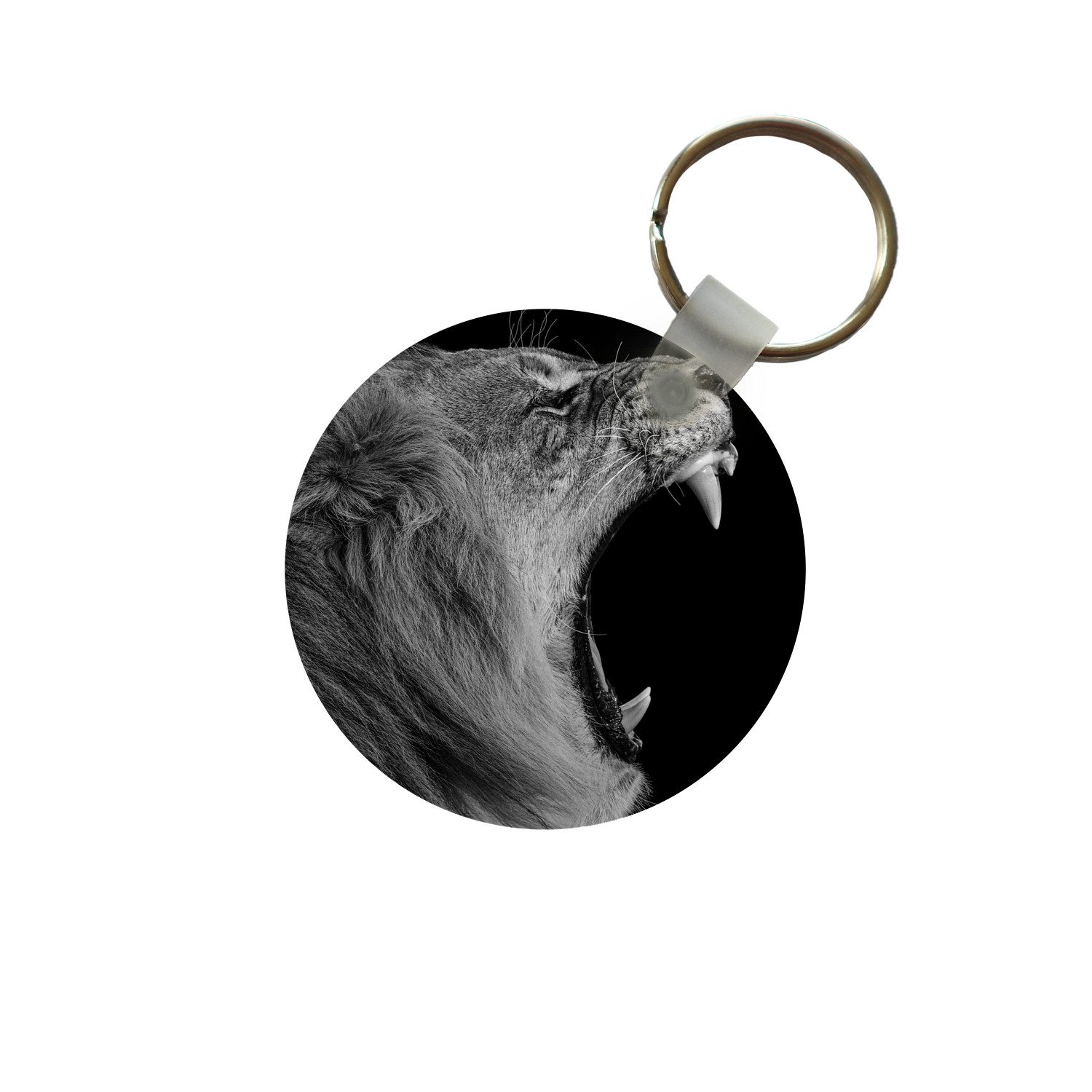 MuchoWow Schlüsselanhänger Tiere - Löwe - Schwarz - Weiß - Porträt, Rund, Geschenk für Damen / Herren / Kinder mit Schlüsselring, 5x5 cm