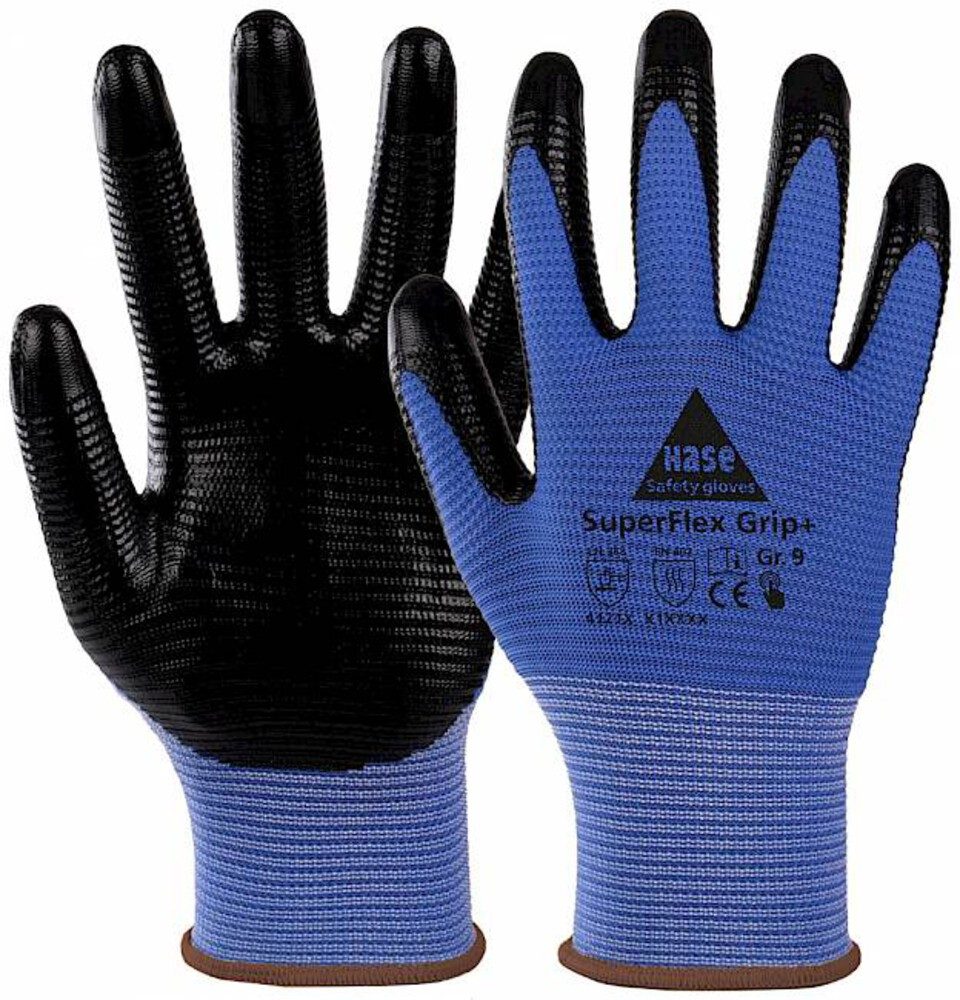 Hase Safety Gloves Nitril-Handschuhe SuperFlex Grip+ Montagehandschuh Nitril Touch-Funktion (Packung, 10-St., VPE= 10 Paar, Gr 6-12) extra Grip/ Atmungsaktiv