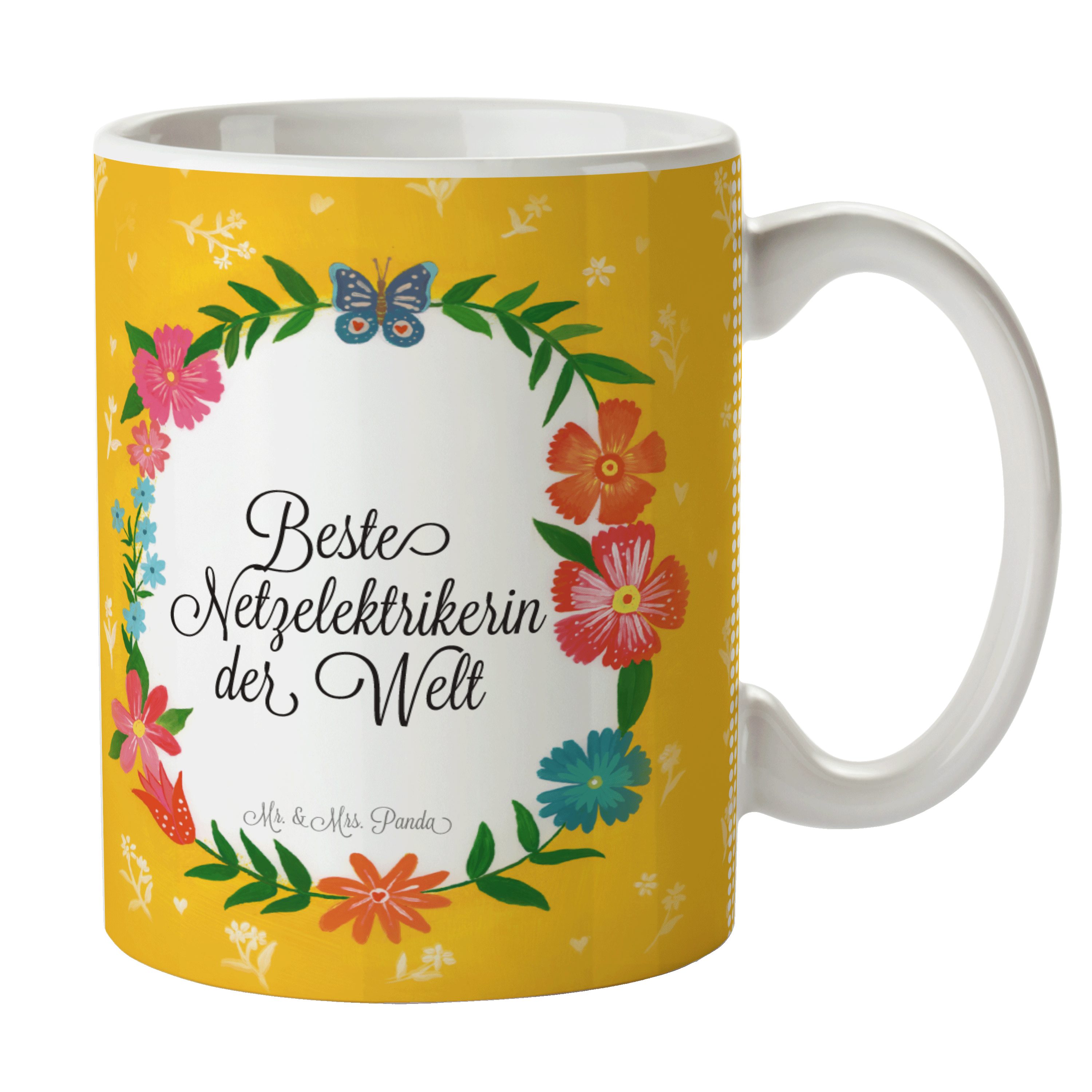 Mr. & Mrs. Panda Tasse Netzelektrikerin - Geschenk, Rente, Berufsausbildung, Porzellantasse, Keramik