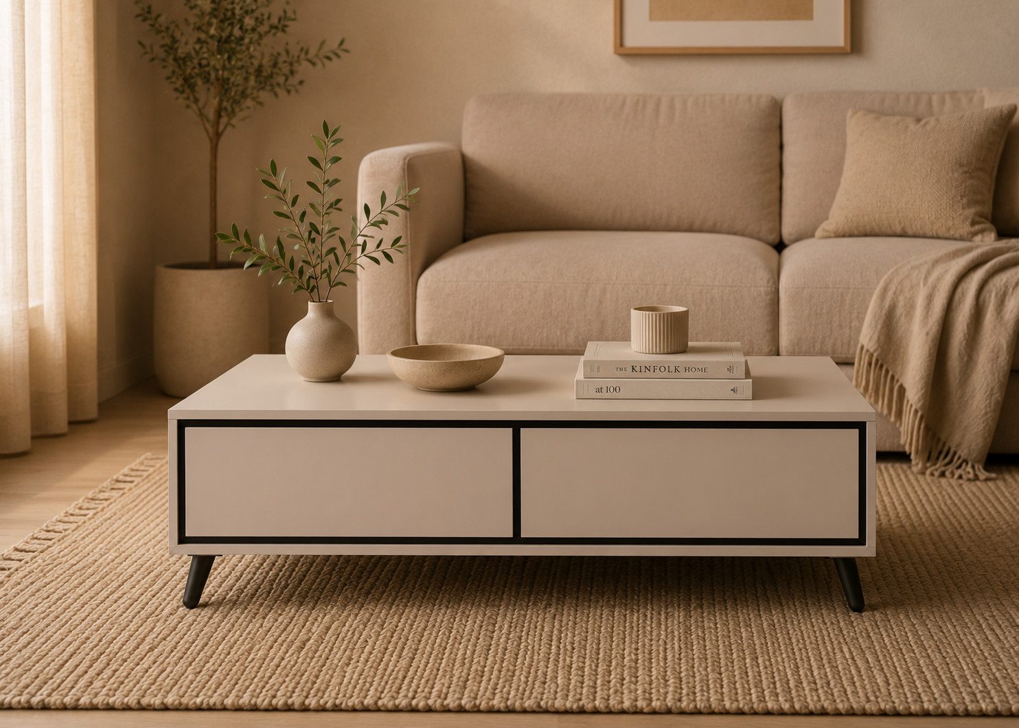 MOEBLO Couchtisch VELMIRA (moderner Wohnzimmertisch mit 2 Schrankfächern, Push-to-open und schwarzen Metallfüßen, 90 × 65 cm), B x H × T: ca. 90 x 45 x 65 cm