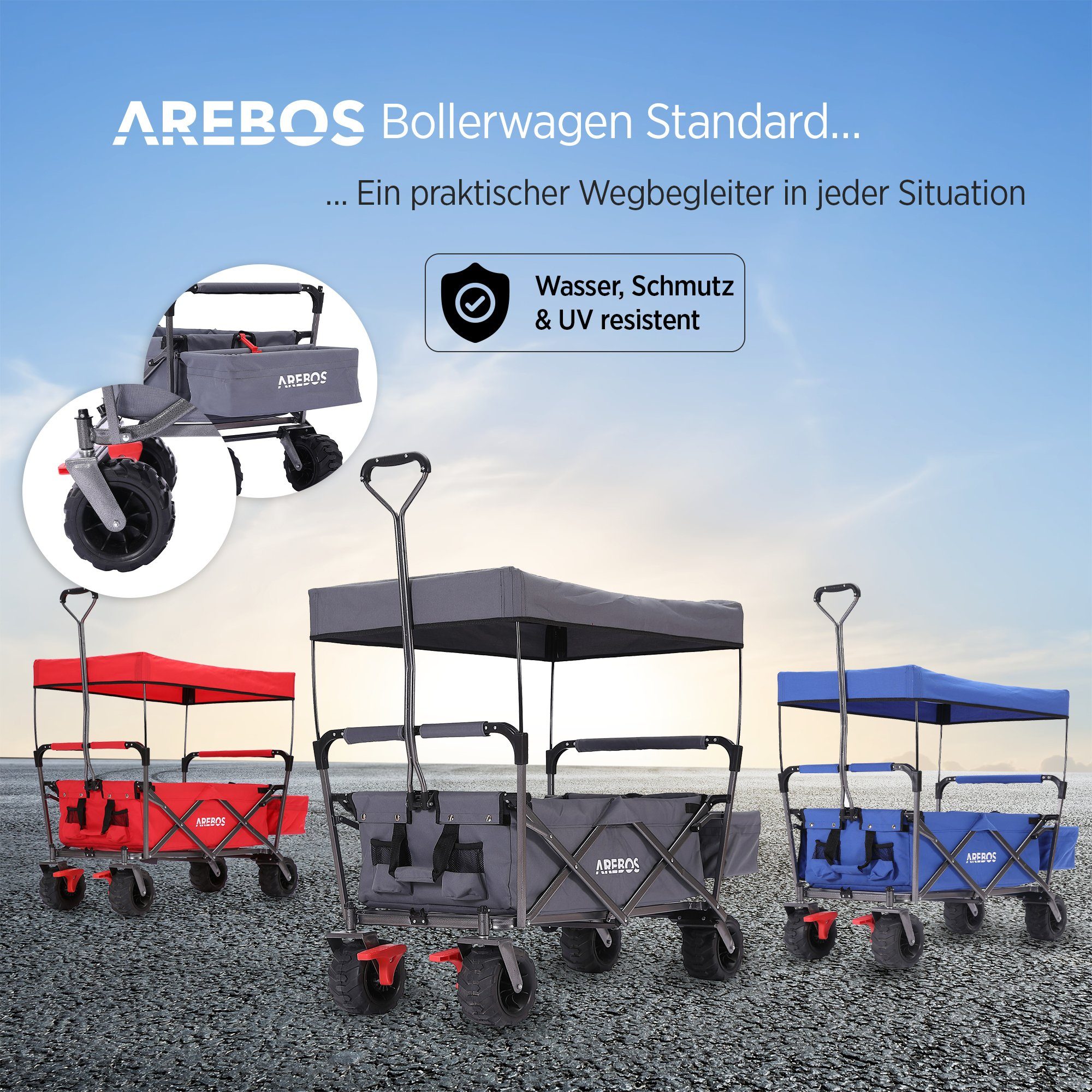 Arebos Bollerwagen faltbarer Handwagen mit Dach – Transportkarre für Garten & Freizeit, Maße 124 x 60 x 128 cm – Bild 5 von 5