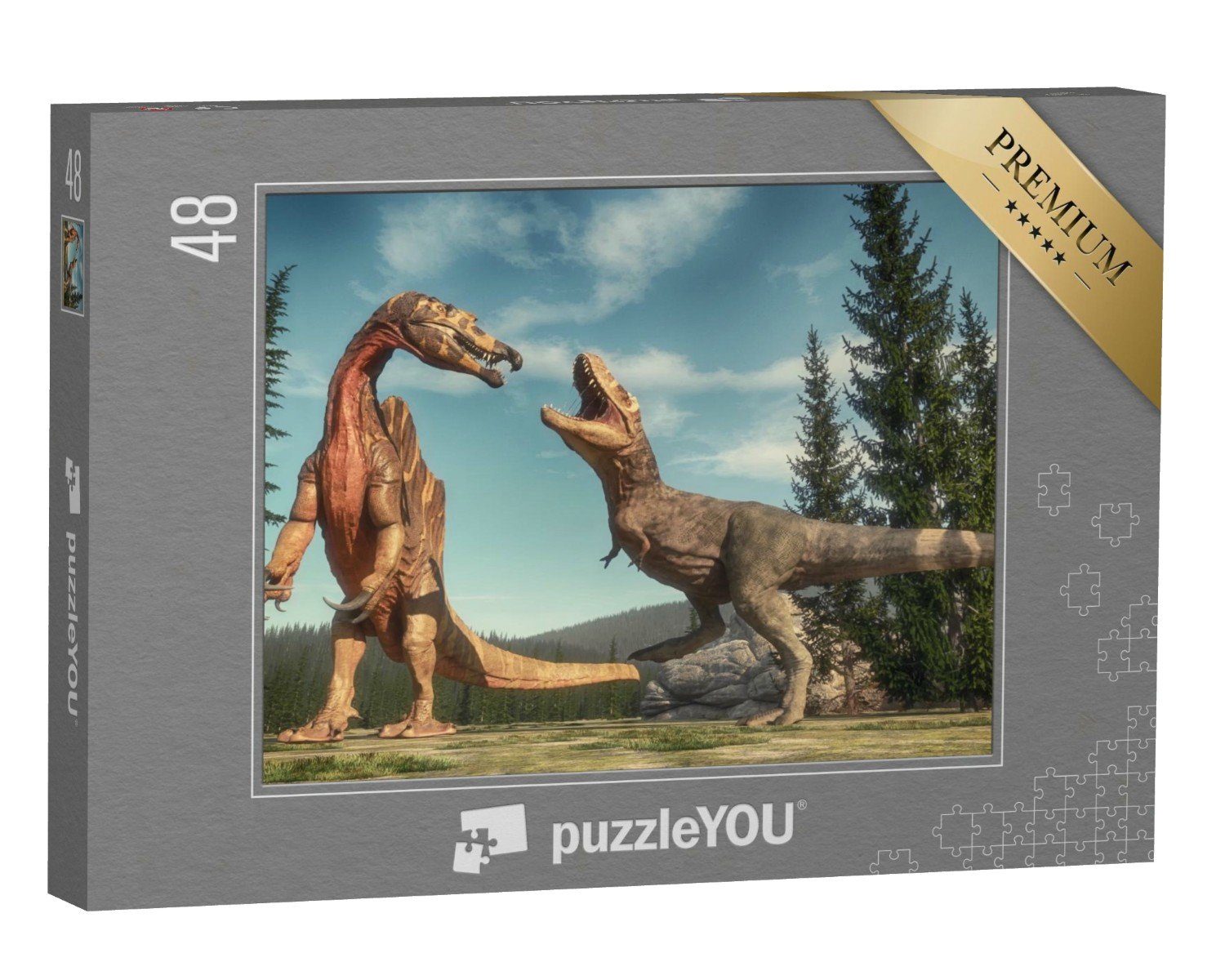 puzzleYOU Puzzle Spinosaurus und T Rex auf dem Jurassic Valley, 48 Puzzleteile, puzzleYOU-Kollektionen Dinosaurier, Tiere aus Fantasy & Urzeit