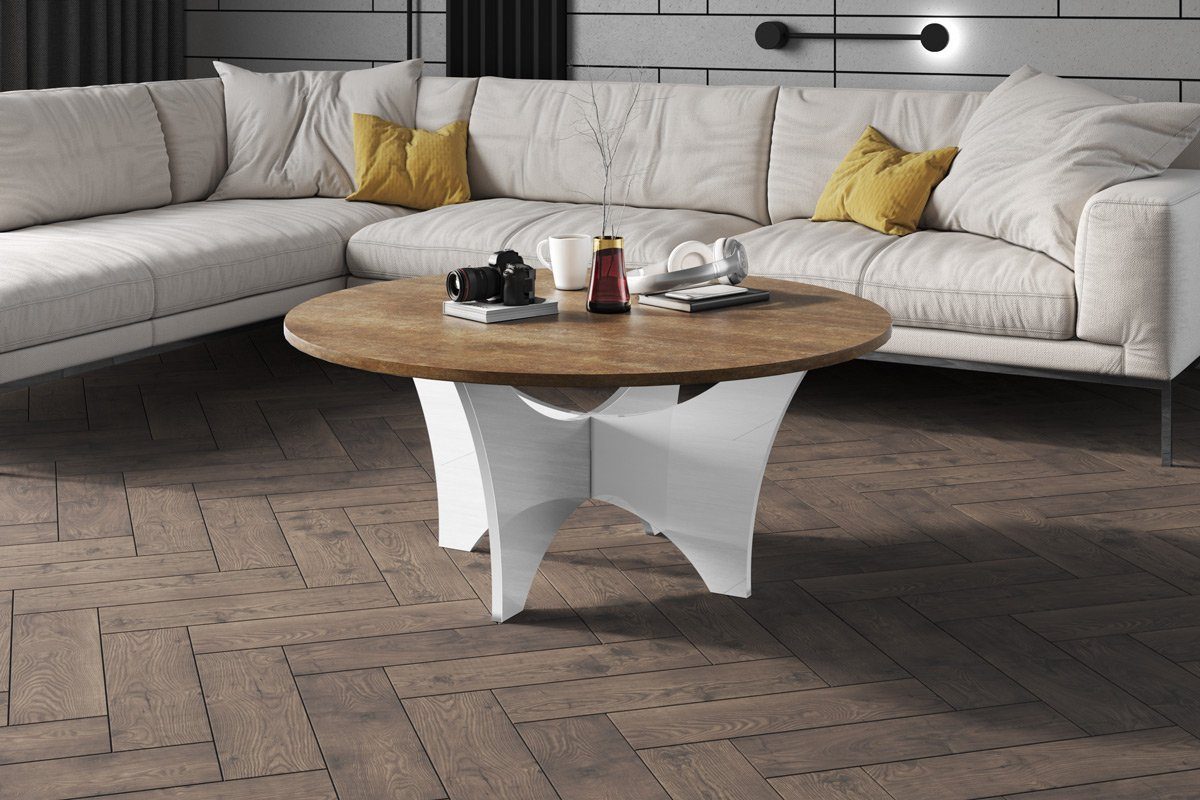 designimpex Couchtisch Design HRA-111 Hochglanz Wohnzimmertisch Rund Tisch 100 cm x 40 cm Rostoptik matt - Weiß Hochglanz