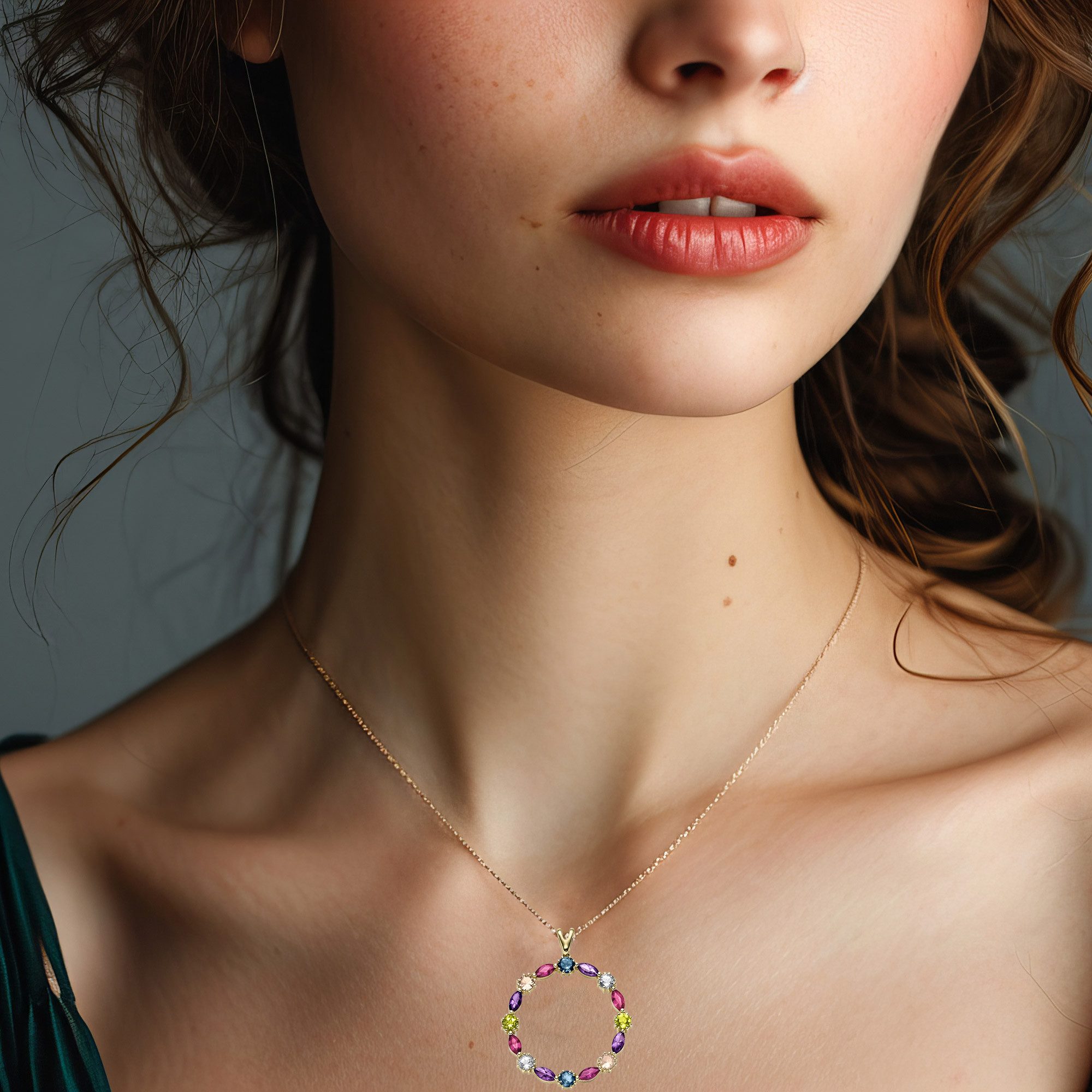 HOPLO Goldkette Gold Collier mit Farbsteinen Ankerkette diamantiert 585-14 Karat Gold, Made in Germany