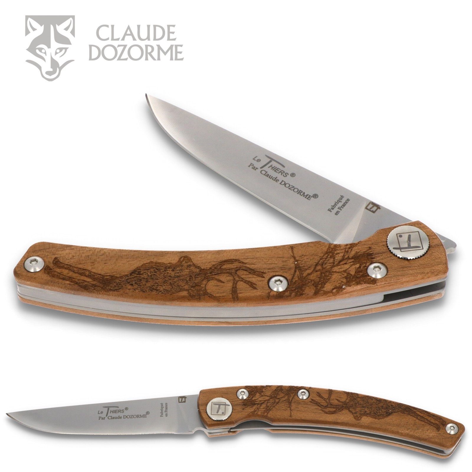 Claude Dozorme Taschenmesser 1.90.171.06CE, Le Thiers "Hirsch" - Griff 12.5 cm Nussbaum - LinerLock - Stahl matt