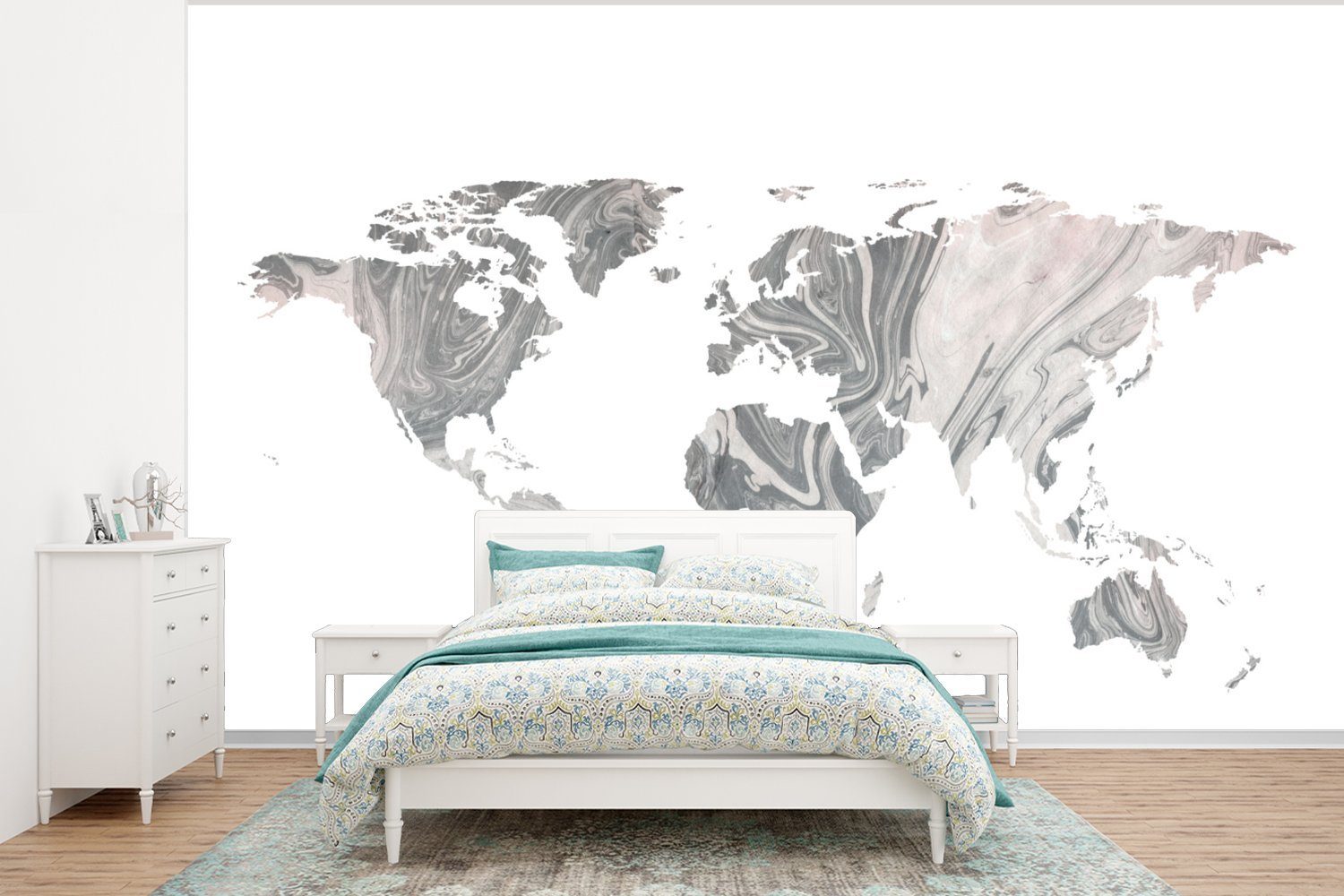 MuchoWow Fototapete Weltkarte - Farbe - Grau, Matt, bedruckt, (6 St), Wallpaper für Wohnzimmer, Schlafzimmer, Kinderzimmer, Vinyl Tapete | Fototapeten