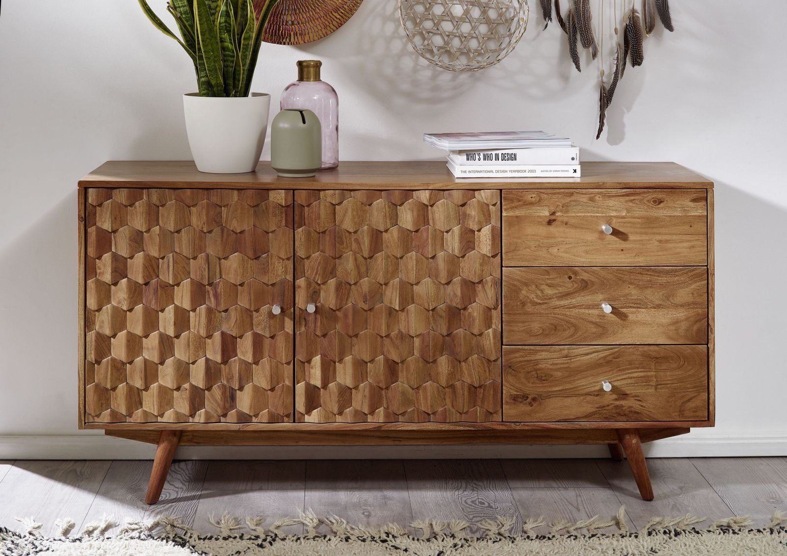 Massivmoebel24 Sideboard MOSAYK Akazie Massivholz natur (Massivholz montiert 57 kg MOSAYK #106), Akazie 145x42x75 cm (BxTxH) natur lackiert – Bild 3 von 5