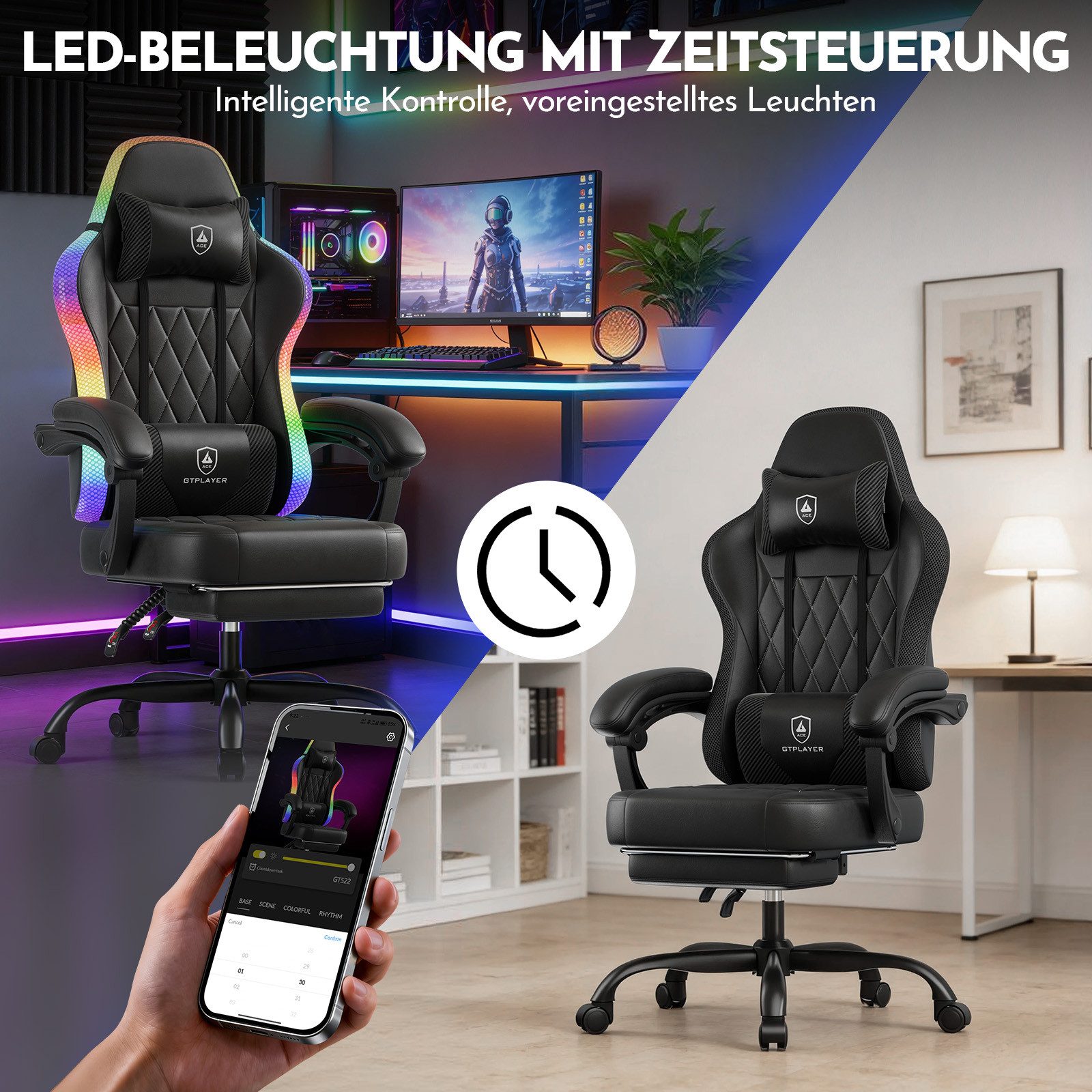 GTPLAYER Gaming-Stuhl Bürostuhl Gaming Chair mit LED Lichtleiste, Gamer Stuhl, Rückenlehne mit Aufbewahrungstasche PC Stuhl mit Fernbedienung – Bild 5 von 5