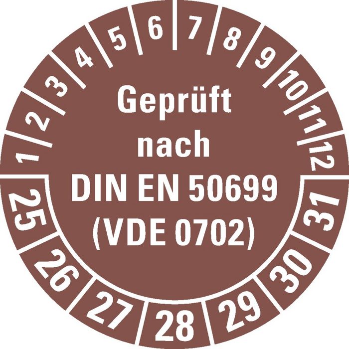 Dreifke Hinweisschild Dreifke® Prüfplakette geprüft nach DIN EN 50699(VDE 0702) 25-31 braun Dokumentenfolie Ø 30mm 108/Heft
