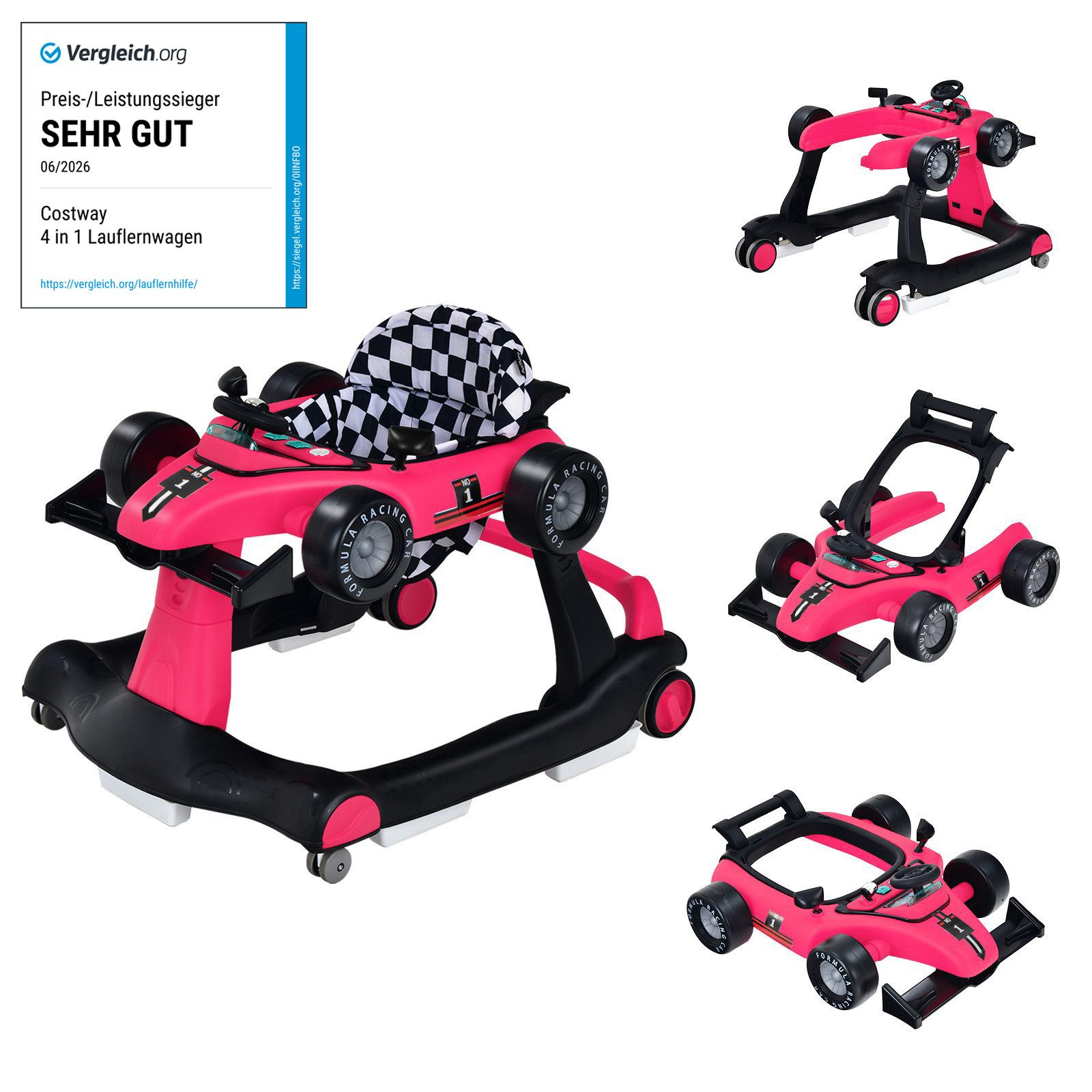 COSTWAY Lauflernhilfe 4 in 1 Lauflernwagen, mit Musik, Licht, ab 6 Monaten