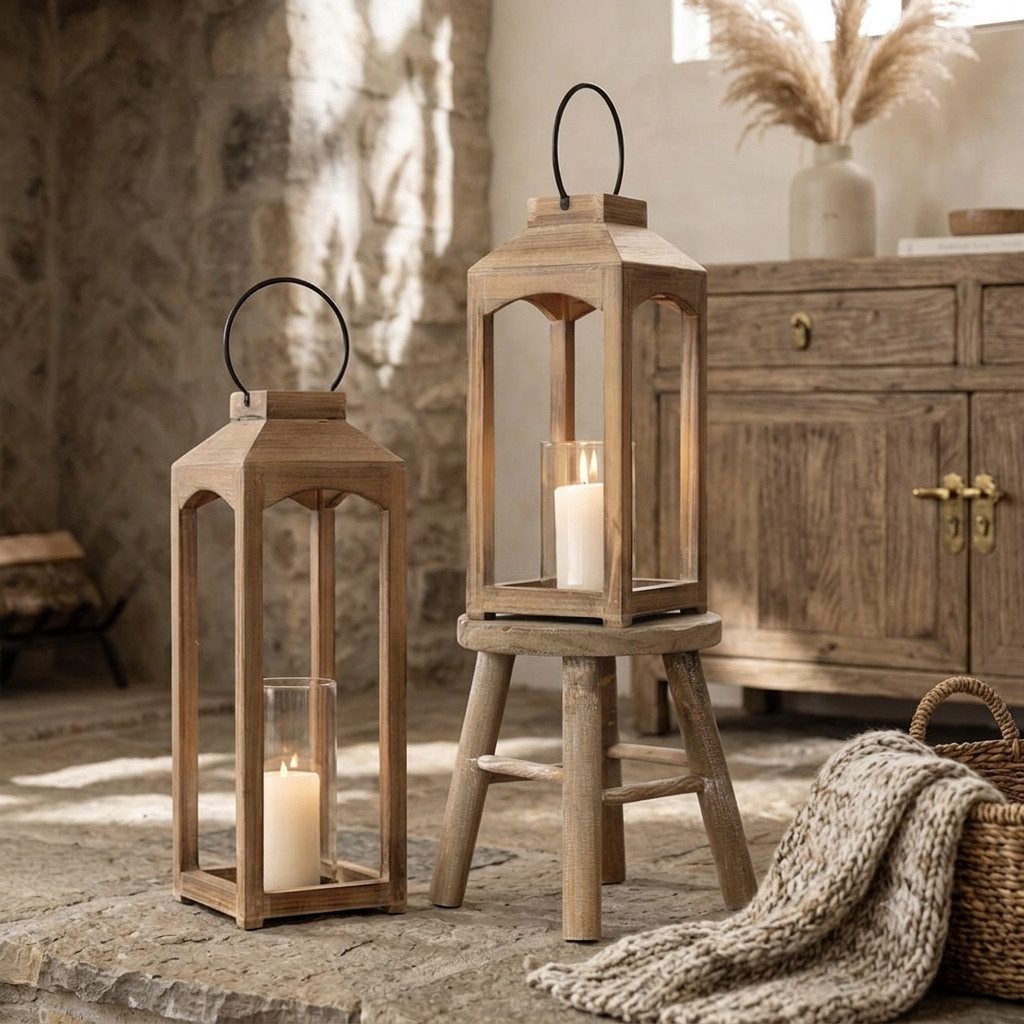 Home-trends24.de Kerzenlaterne Laterne Kerzenhalter Kerzenständer Windlicht Holz Natur Braun 2er Set (2 St)