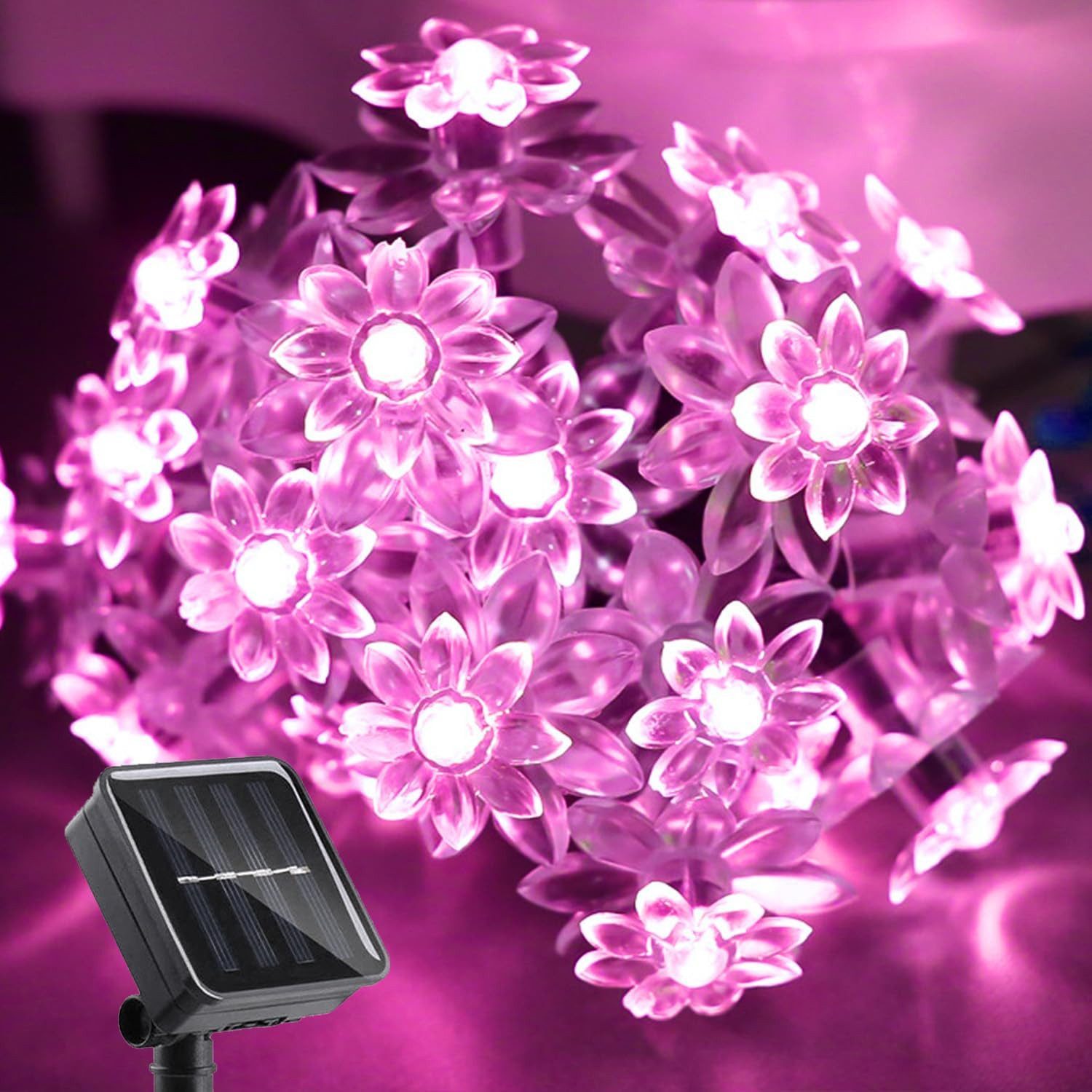 Jioson Lichterkette LED Lichterkette LED Dekolichter Solar-Kirschblüten-Lichterkette rosa, 12m 100 Licht,8 Blitzmodi,für innen und außen