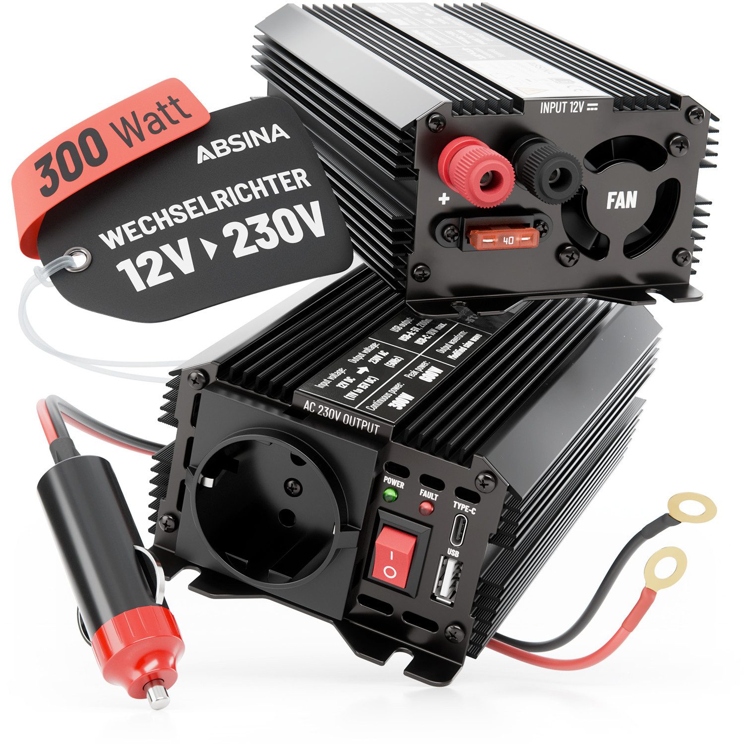 ABSINA Wechselrichter 12V auf 230V Spannungswandler Auto 2er Pack - mit mod. Sinus, (2 St)