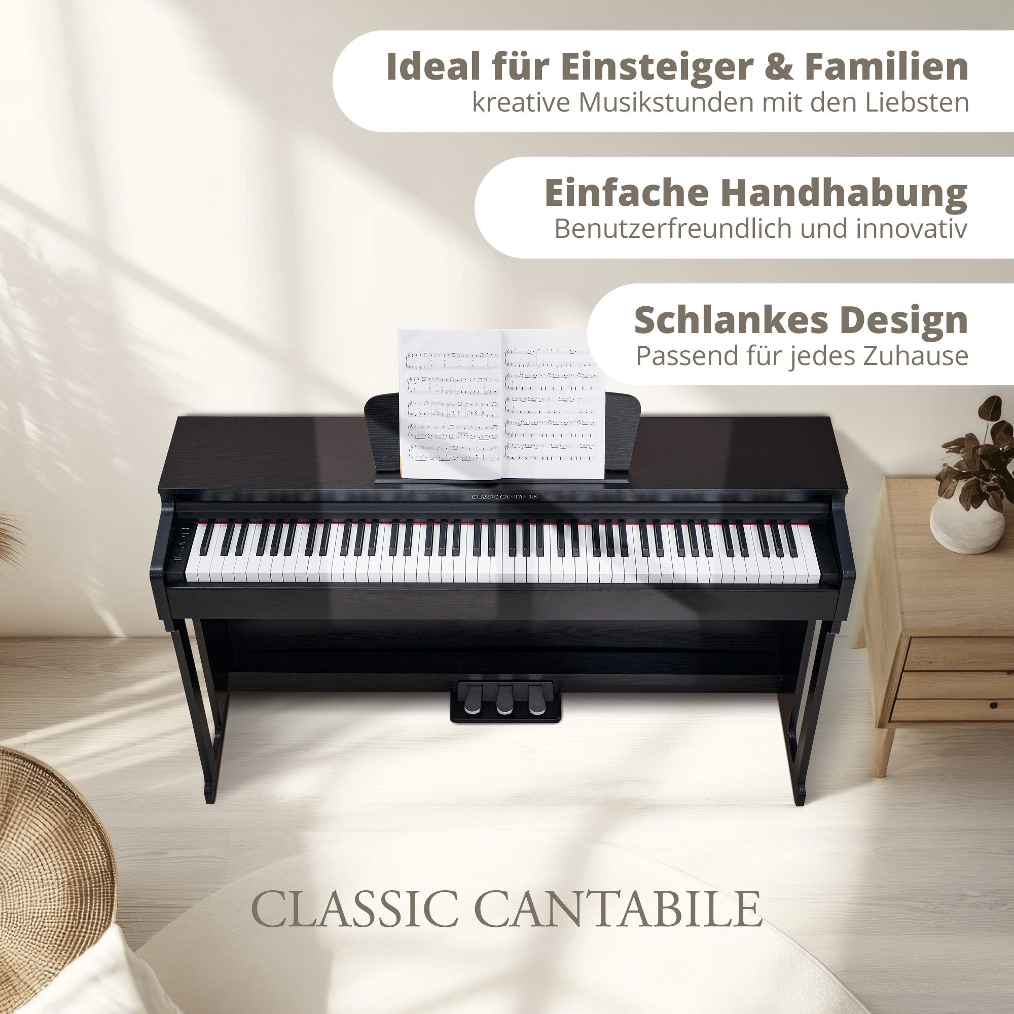 Classic Cantabile Digitalpiano DP-220 E-Piano Set - 88 gewichtete Tasten mit Hammermechanik (inkl. Pianobank, Kopfhörer und Klavierschule), 20 Klänge und 3 Pedale - Dual-, Split- und Twinova-Funktion
