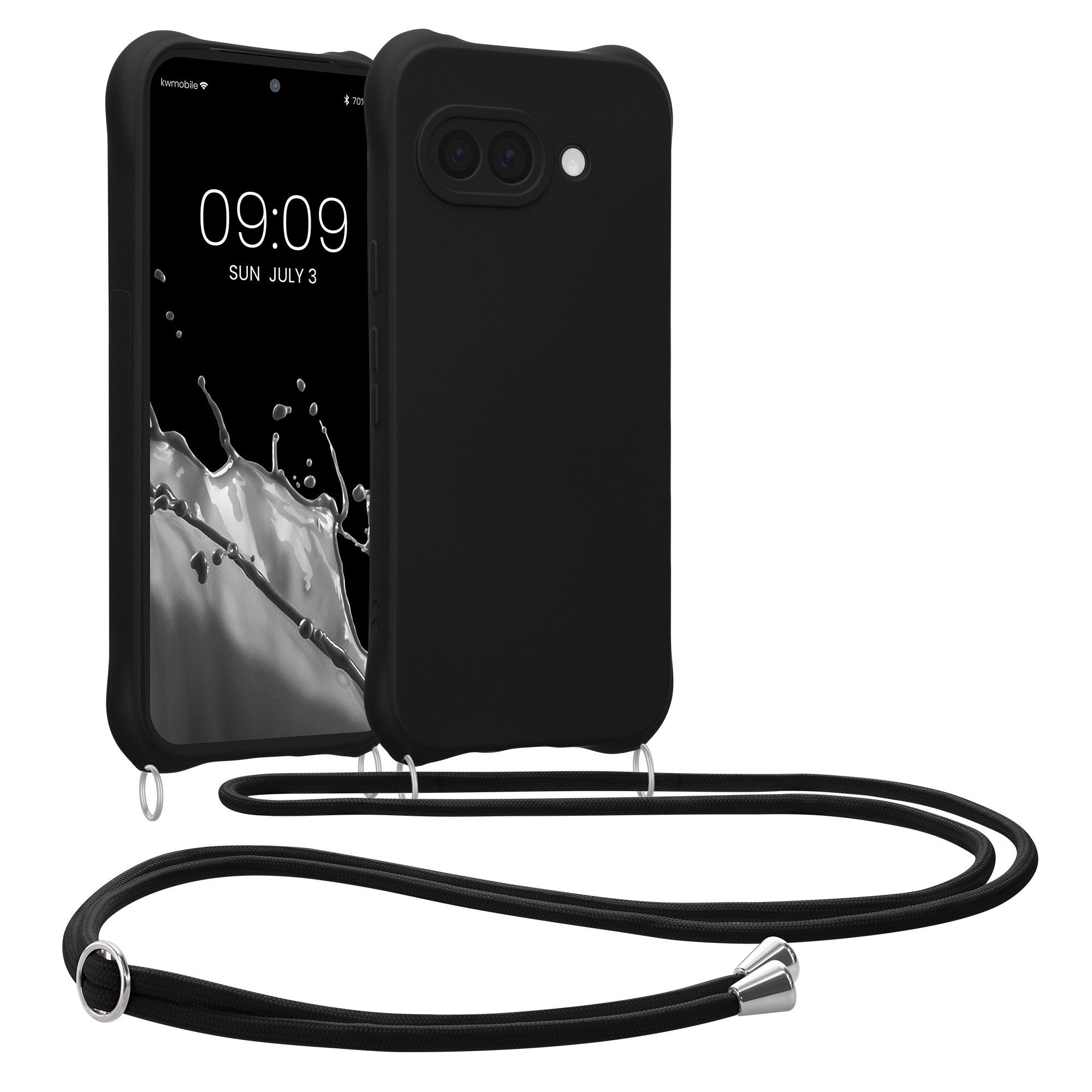 kwmobile Etui Hülle für Google Pixel 9a, mit Metall Kette zum Umhängen - Silikon Handy Cover Case Schutzhülle