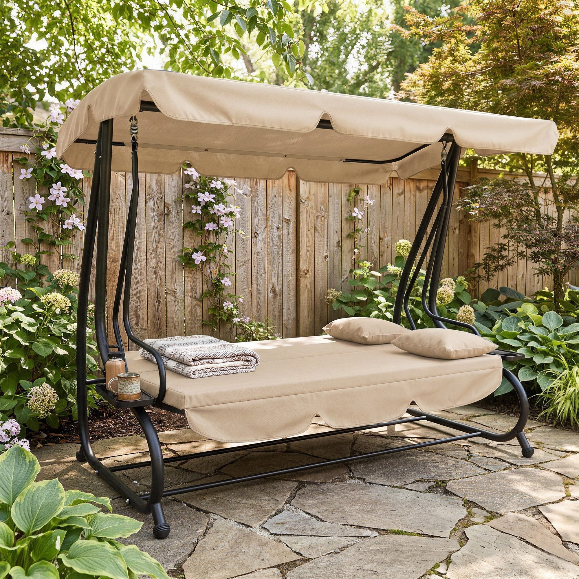 Outsunny Hollywoodschaukel 2 in 1, mit Liegefunktionl, Sonnendach, Getränkehalter, Kissen, 3-Sitzer, Bettfunktion, 3-Sitzer Gartenschaukel, 1 tlg., Schaukelbank, belast bis 340kg, für Garten, Terrasse, 200x120x164 cm, Braun