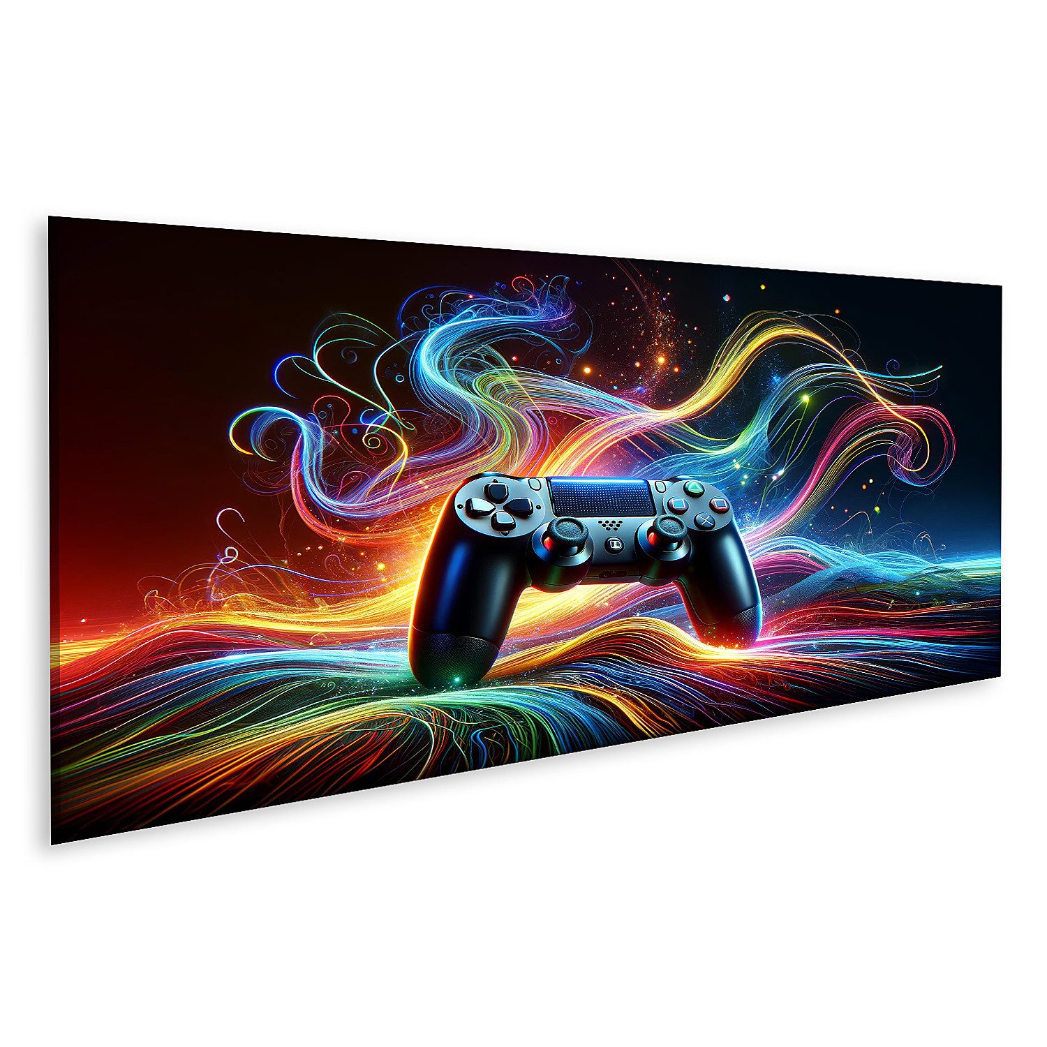 islandburner Leinwandbild Gaming-Controller detailliert in der Mitte umgeben von dynamischem Lic