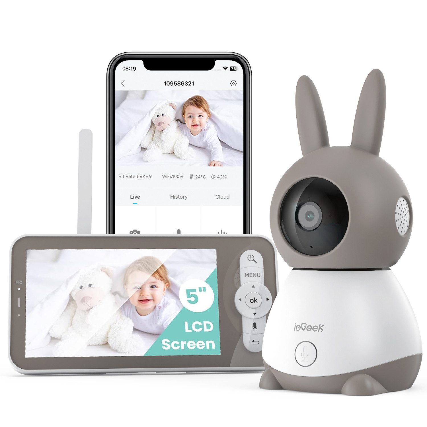 Video-Babyphone 2K 3MP WLAN Babyfon Video 5" Baby Monitor with Kamera und APP