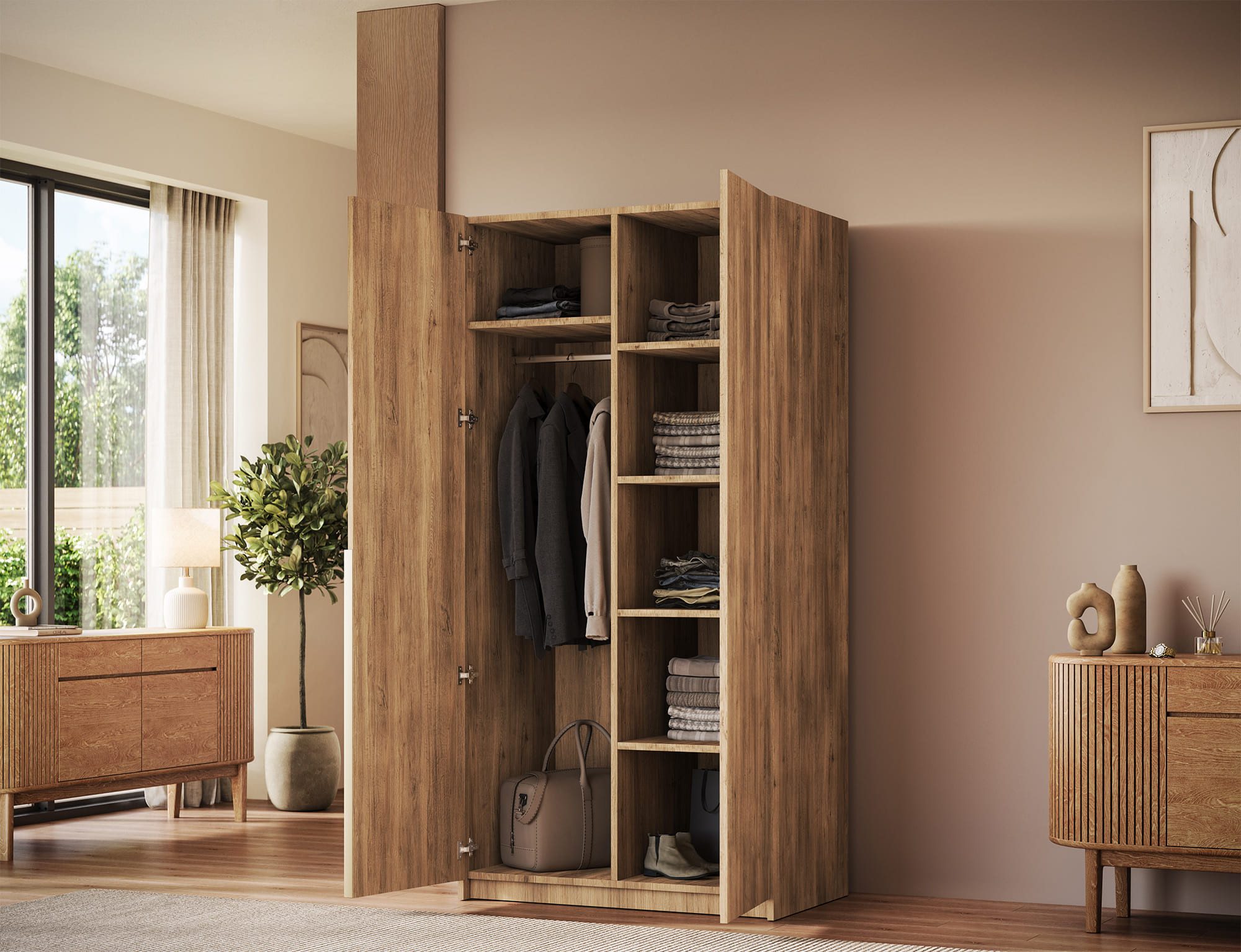 MOEBLO Drehtürenschrank Lunaro II (moderner Kleiderschrank 2-türig Schrank Garderobe Schlafzimmer, 100 cm, mit Spiegel Drehtüren Weiß Kaschmir Artisan Gold Griffe optional mit Aufsatz) (BxHxT): 100 x 204 x 58 cm