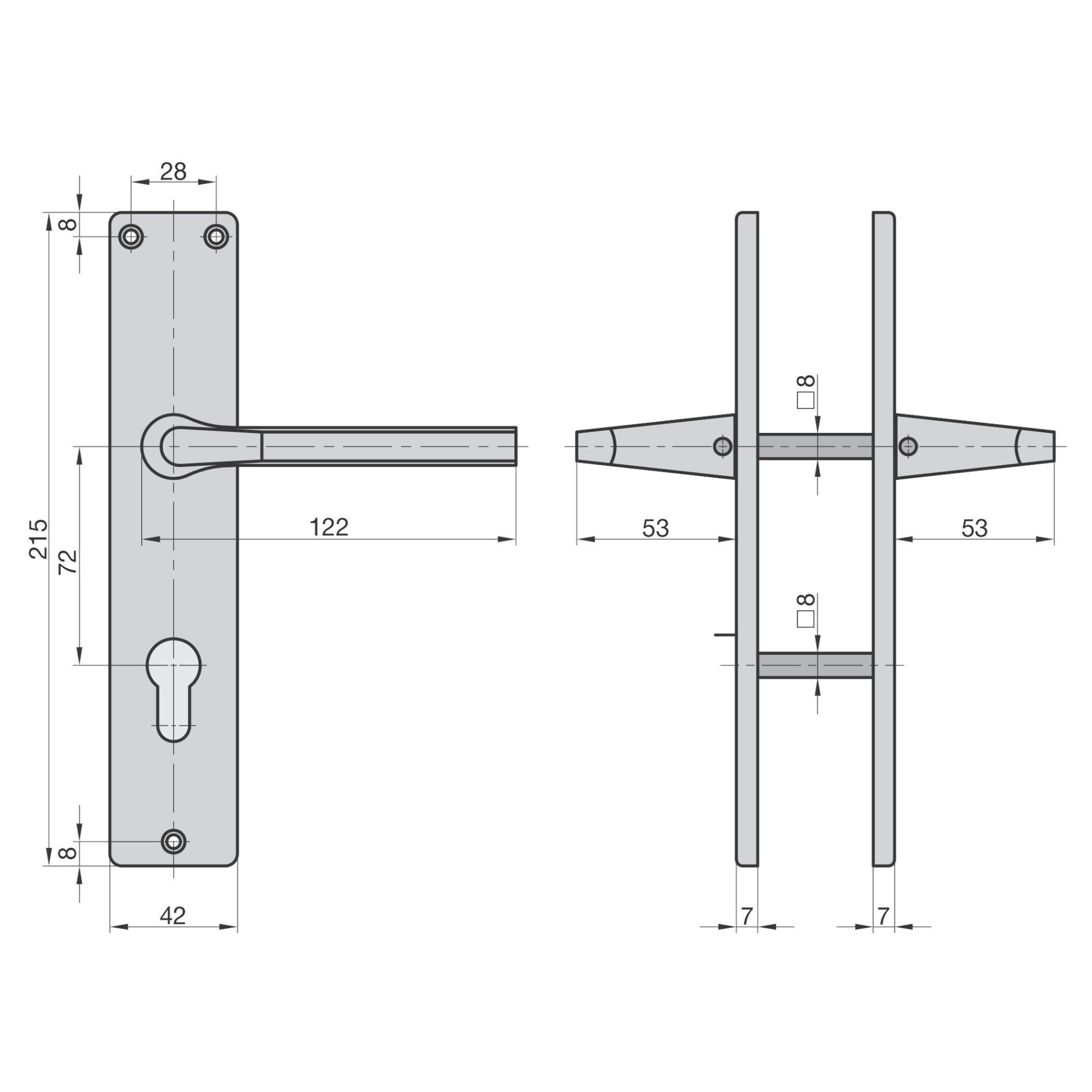 BASI Drückergarnitur Langschild-Garnitur 72/8 mm, Türstärken 38-45 mm (Packung), PZ Profilzylinder-Lochung, Türbeschlag aus Aluminium, Farbe Alu F2