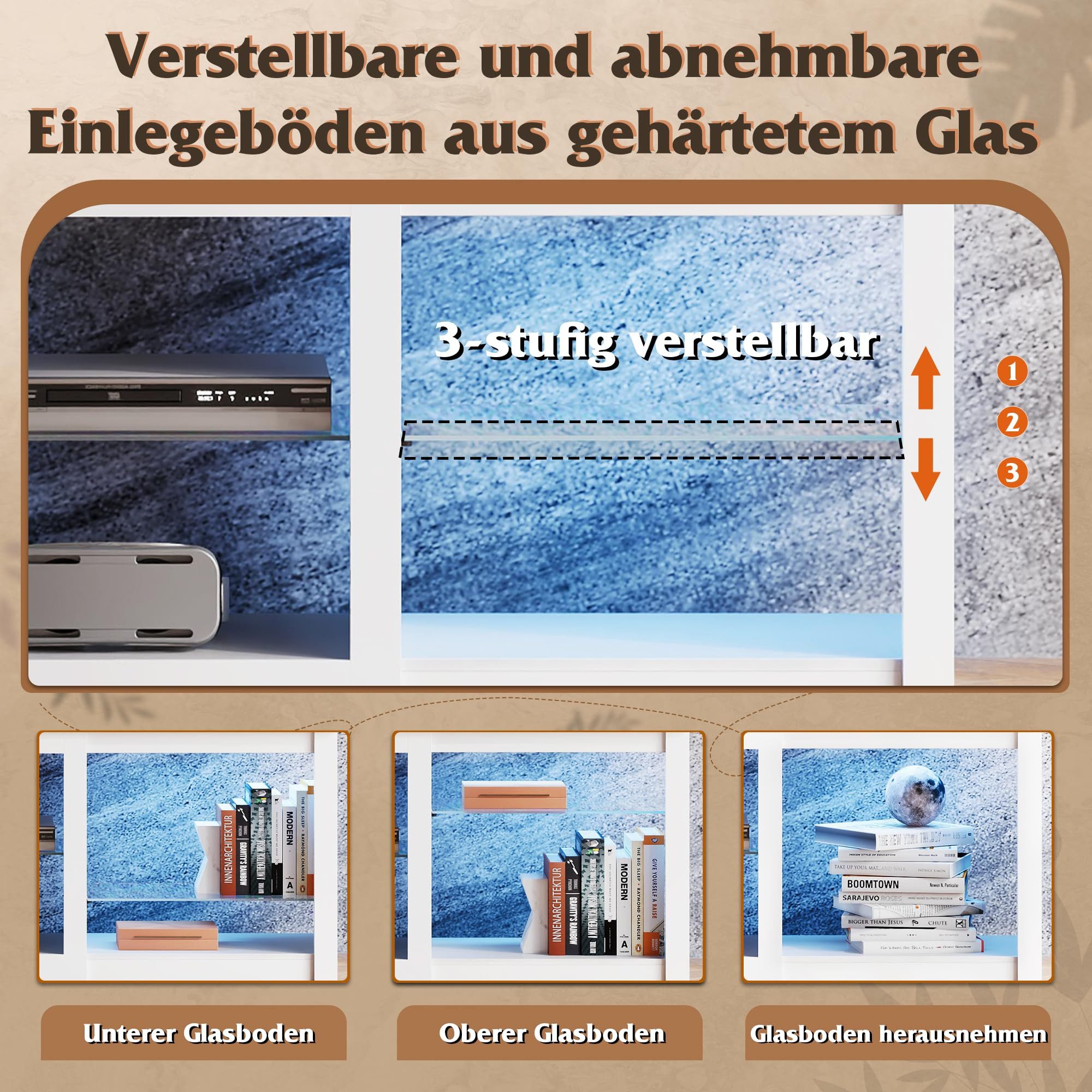 WLIVE Lowboard TV-Schrank mit RGB-LED (22 Modi), 3 offene Fächer & verstellbare (Länge 166 cm, Weiß, TV Board für 55/60/ 65/70/75/Zoll Fernseher), 166 x 39 x 56 – Bild 5 von 5