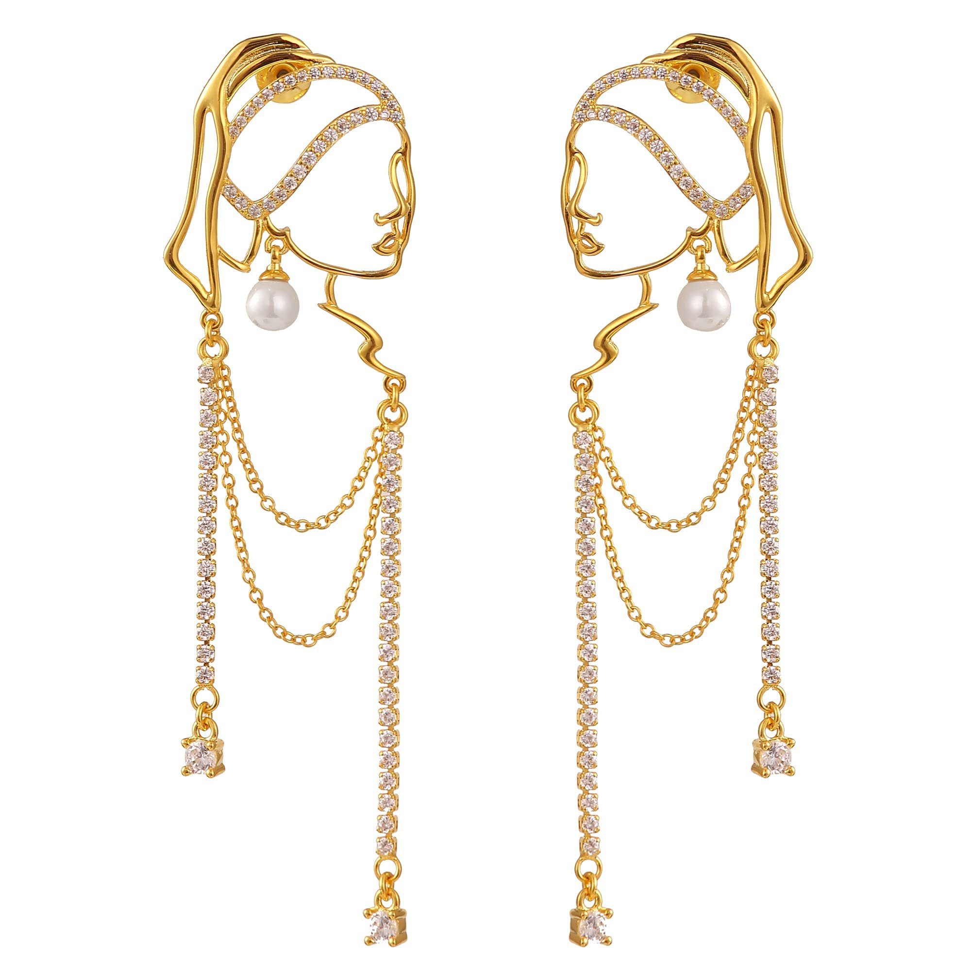 Mädchen Hollow), Frauen Ohrringe Dény Art Tassel goldene für baumelnde Einzigartiges Paar Umriss Ohrhänger (2-tlg., abstraktes POCHUMIDUU Strass Gesicht