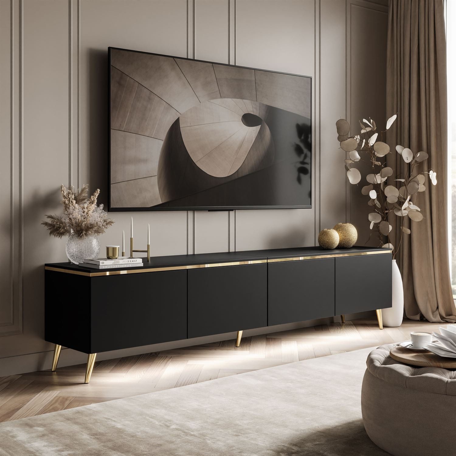 Lookway TV-Schrank CELINE Schwarz Matt auf goldenen Füßen mit LED-Beleuchtu günstig online kaufen