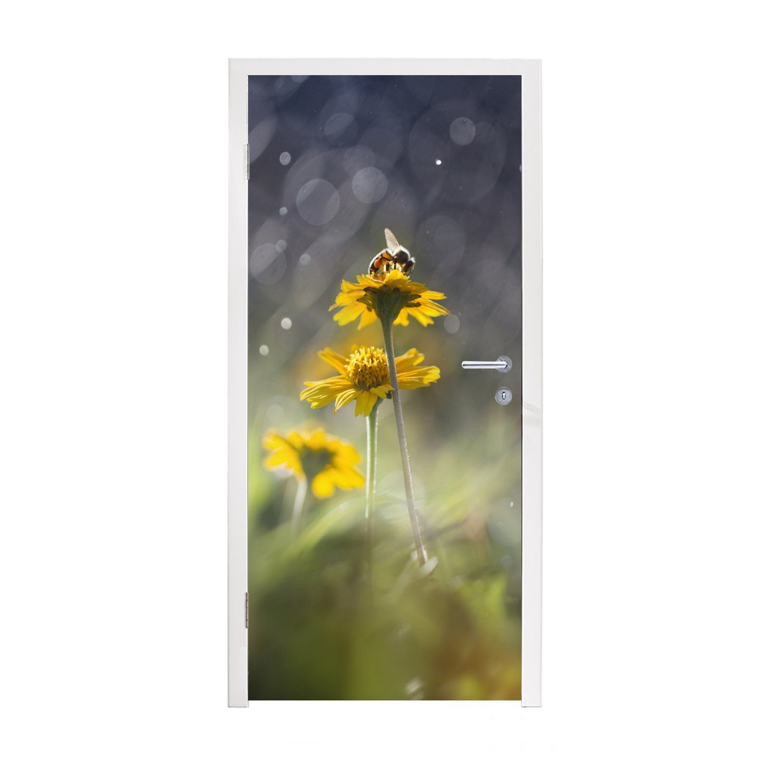 MuchoWow Türtapete Blumen - Biene - Regen, Matt, bedruckt, (1 St), Fototapete für Tür, Türaufkleber, 75x205 cm