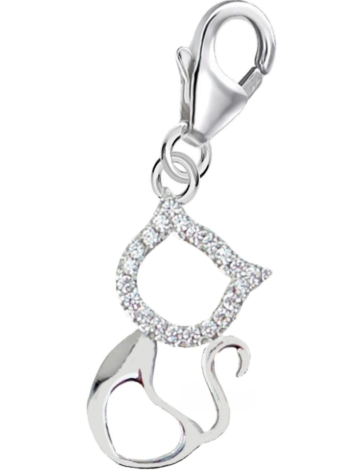 Goldene Hufeisen Charm Kristall Charm Anhänger Silber Katze Herz Zirkonia 925 Sterling Karabiner Kater, 925 Sterling Silber Silberschmuck für Armband, mit Zirkonia