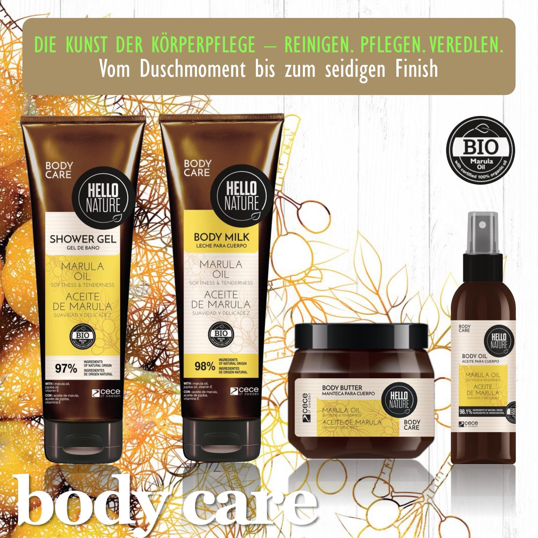 Hello Nature Hautpflege-Set Körperpflege Set Marula Öl Duschgel Body Butter Balm Körperöl, Hautpflege, Körperpflegeset, Hello Nature