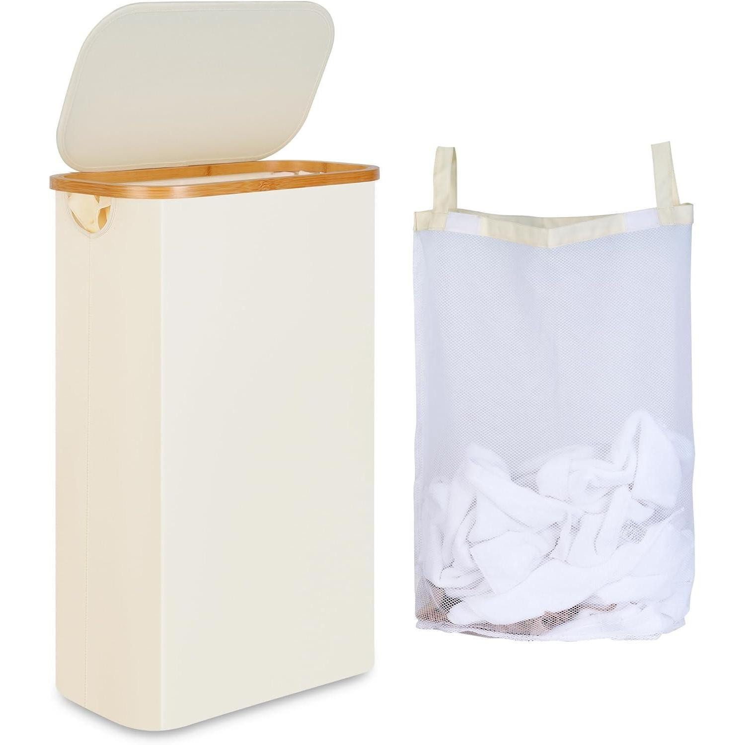 LuxusKollektion Wäschekorb Wäschekorb 60l Schmal Innentasche Waschbar Griffe 60L mit Deckel Beige