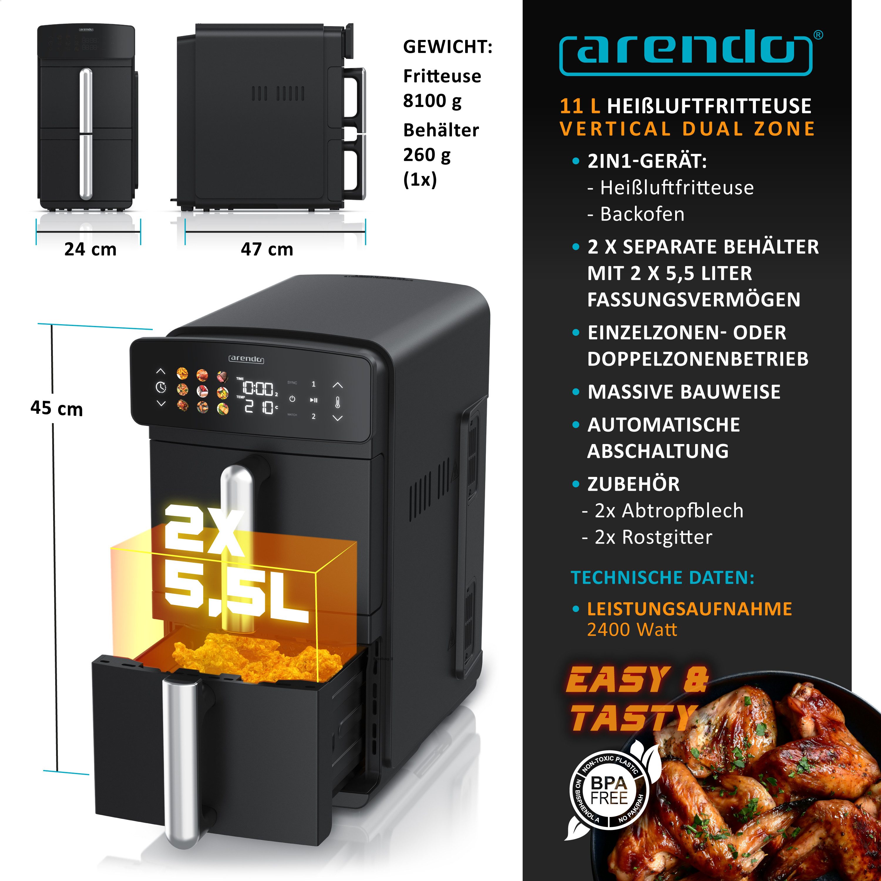 Arendo Heißluftfritteuse mit 2 Kammern Übereinander, XXL Doppelkammer Airfryer 11L, Dual Zone, 2400 W, mit Zubehör, Umluft Backofen, Edelstahl, fettarmes gesund – Bild 2 von 5