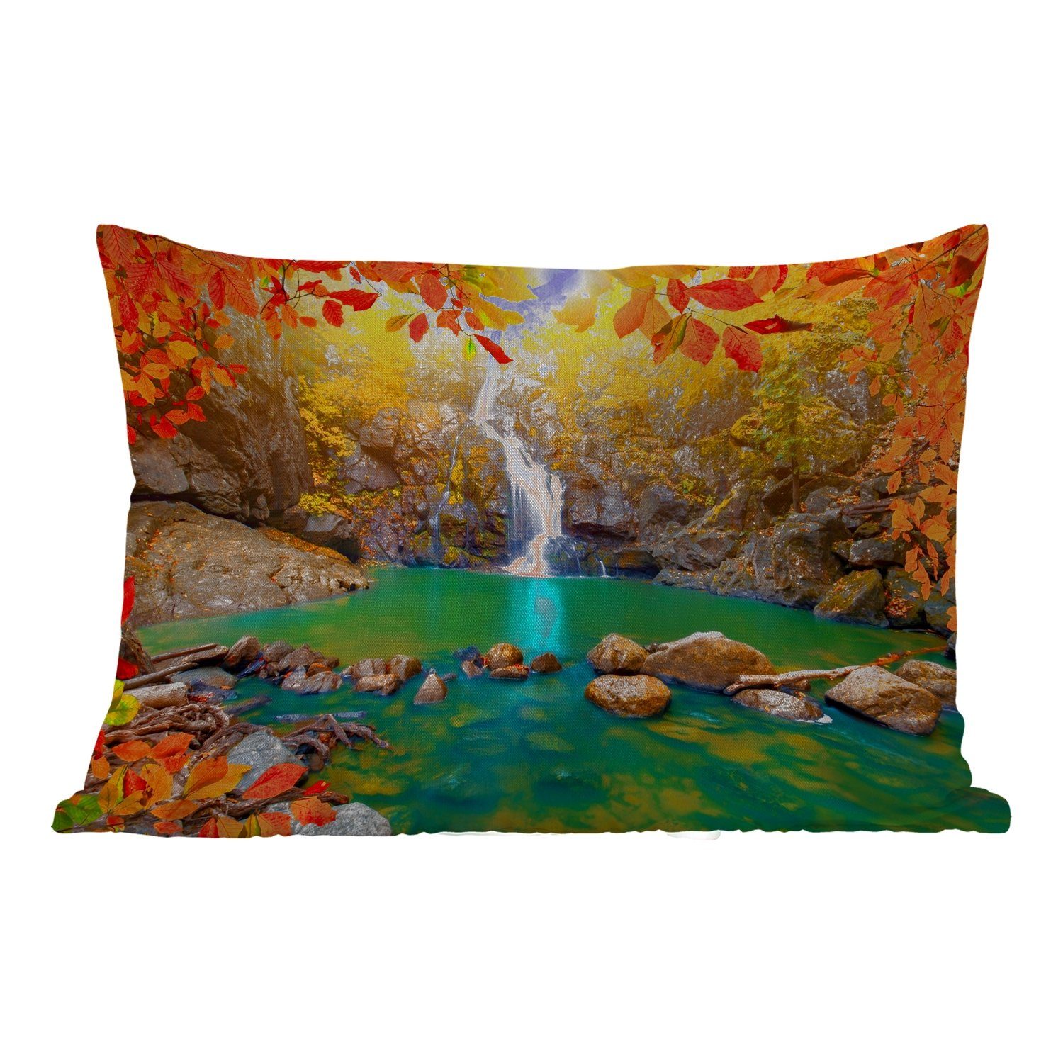 MuchoWow Dekokissen Steine - Baum - Wasserfall - Herbst - Rot, Outdoor-Dekorationskissen, Polyester, Dekokissenbezug, Kissenhülle