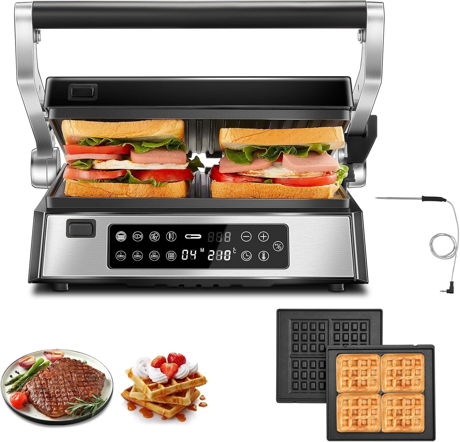 FOHERE Kontaktgrill 4 in 1, Paninimaker, Multifunktions-Waffeleisen & Sandwichmaker, 2200 W, mit 8 Programme, abnehmbaren Platten und …