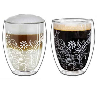 Creano Teeglas Creano doppelwandige Gläser 250ml Flowery White - Thermoglas mit Dekor, Glas, 2x doppelwand Gläser "Flowery"