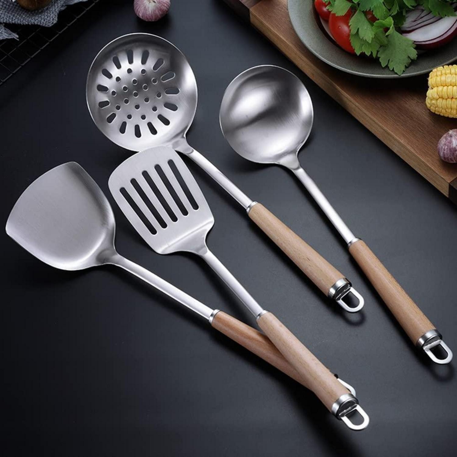 LuxusKollektion Küchenwender Küchenutensilien-Set Edelstahl 4-teilig Holzgriff
