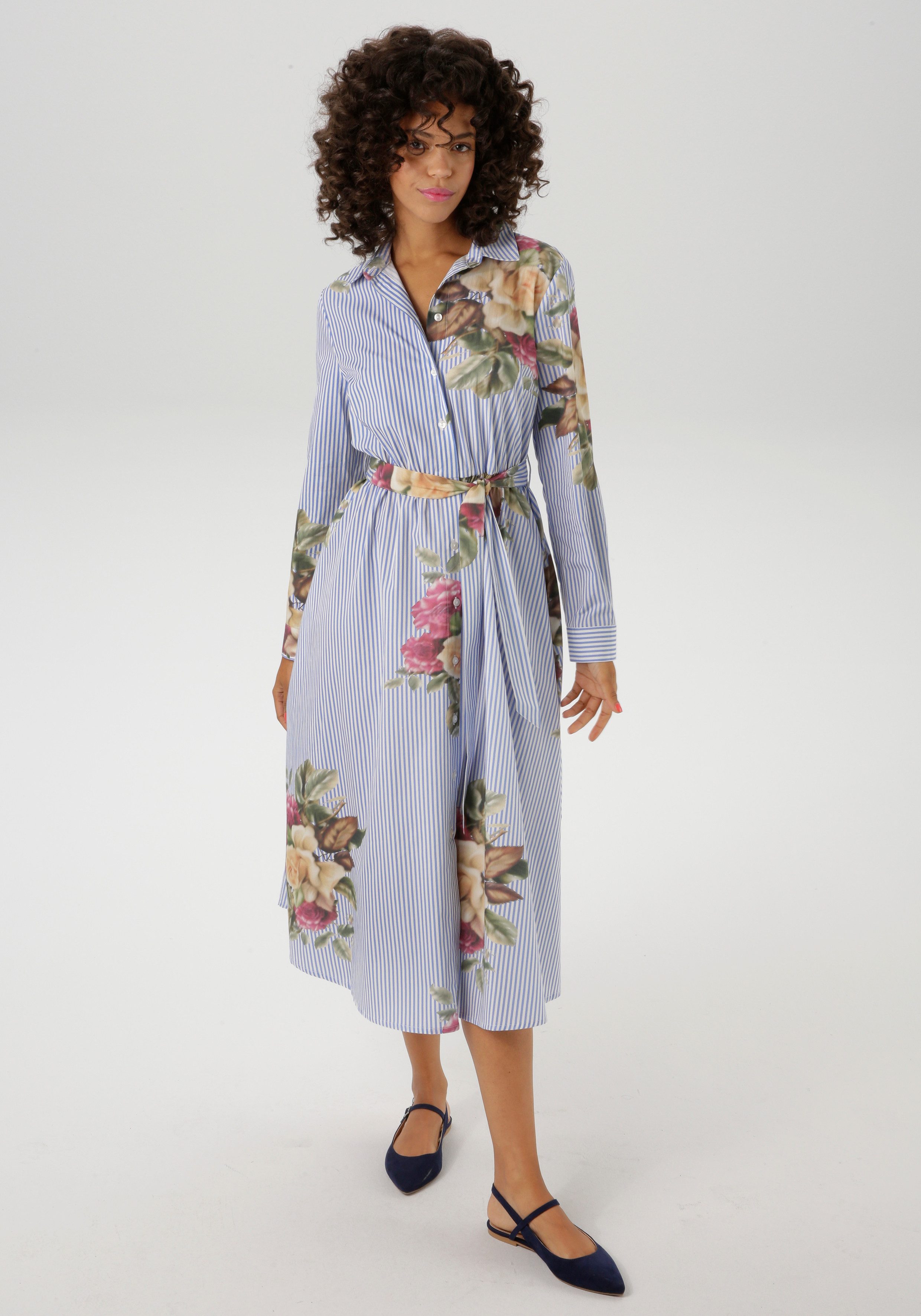 Aniston CASUAL Blusenkleid, mit Rosen auf gestreiftem Untergrund günstig online kaufen