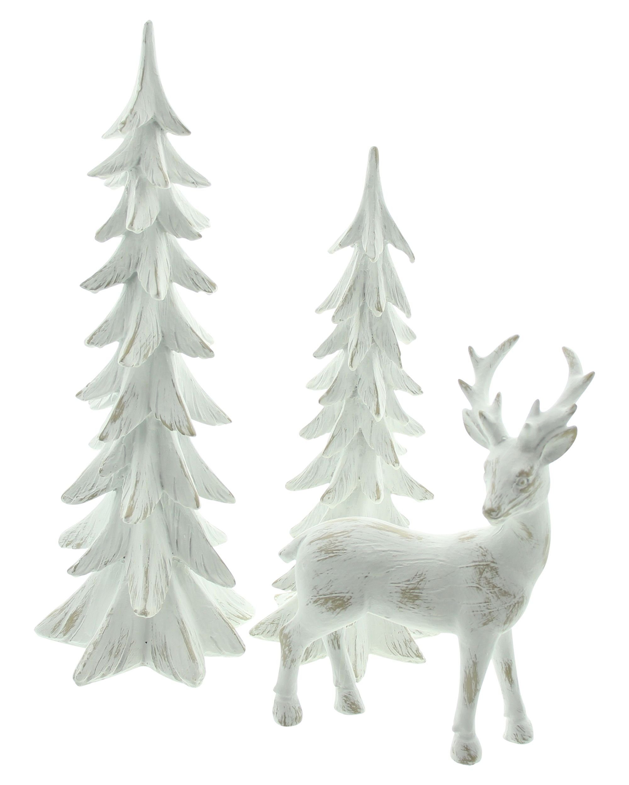 Shabby Weihnachtsdeko, "Winterwald" Figurenset, Fensterdeko, St., Tannenbäume 2 (3 Tischdeko Hirschfigur, Deko-Set weiß, teilig), 3 Dekoleidenschaft + Dekofigur