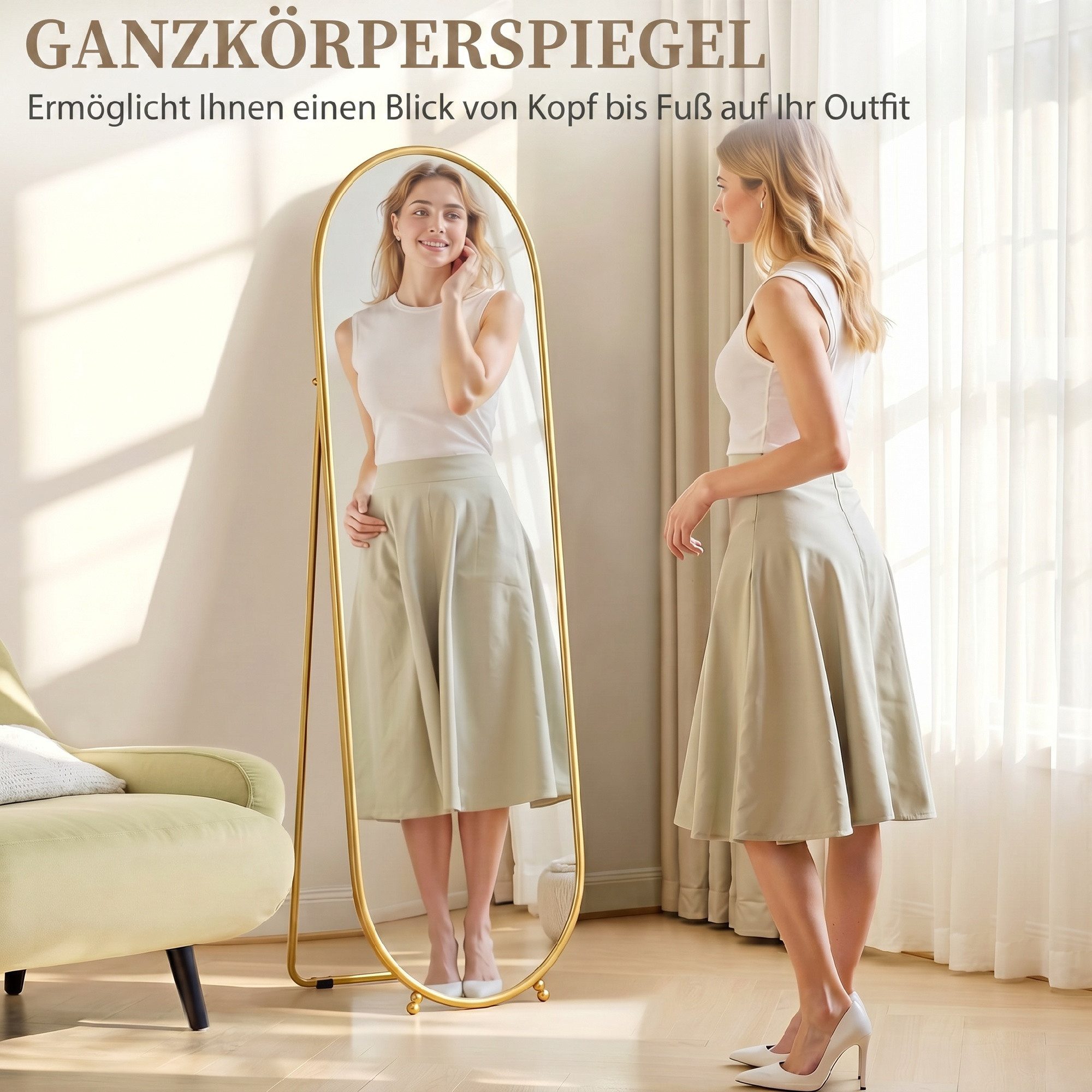 HOMCOM Standspiegel Ganzkörperspiegel mit Ständer, Metallrahmen, Oval (Garderobenspiegel, 1-St., Wandspiegel), für Wohnzimmer, Schlafzimmer, Gold – Bild 4 von 5