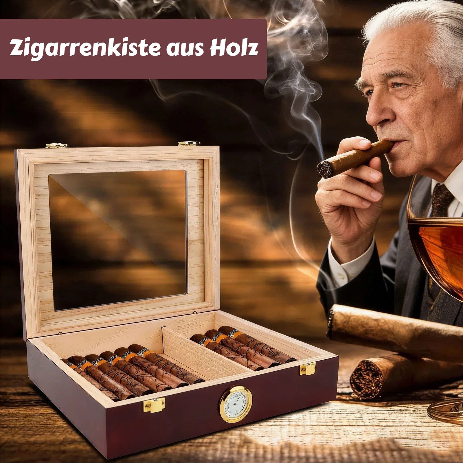 LEMLIT Humidor Zigarren Humidor Zedernholz Mit Hygrometer, Glasdeckel, Braun, Mit Trennwand Und Sichtfenster, Geschenk Für Männer – Bild 4 von 5