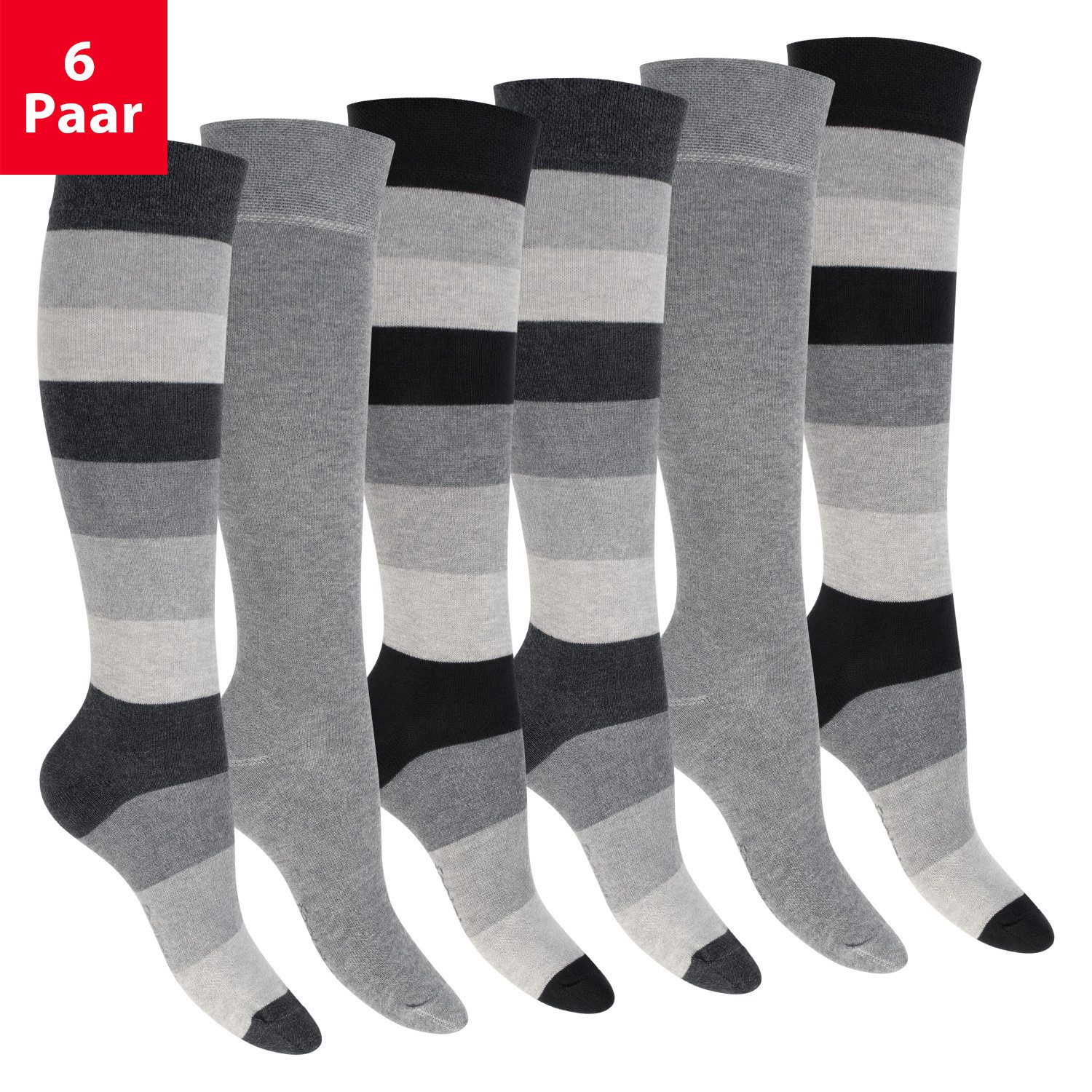 Footstar Langsocken Damen Herren Kniestrümpfe geringelt (6 Paar)