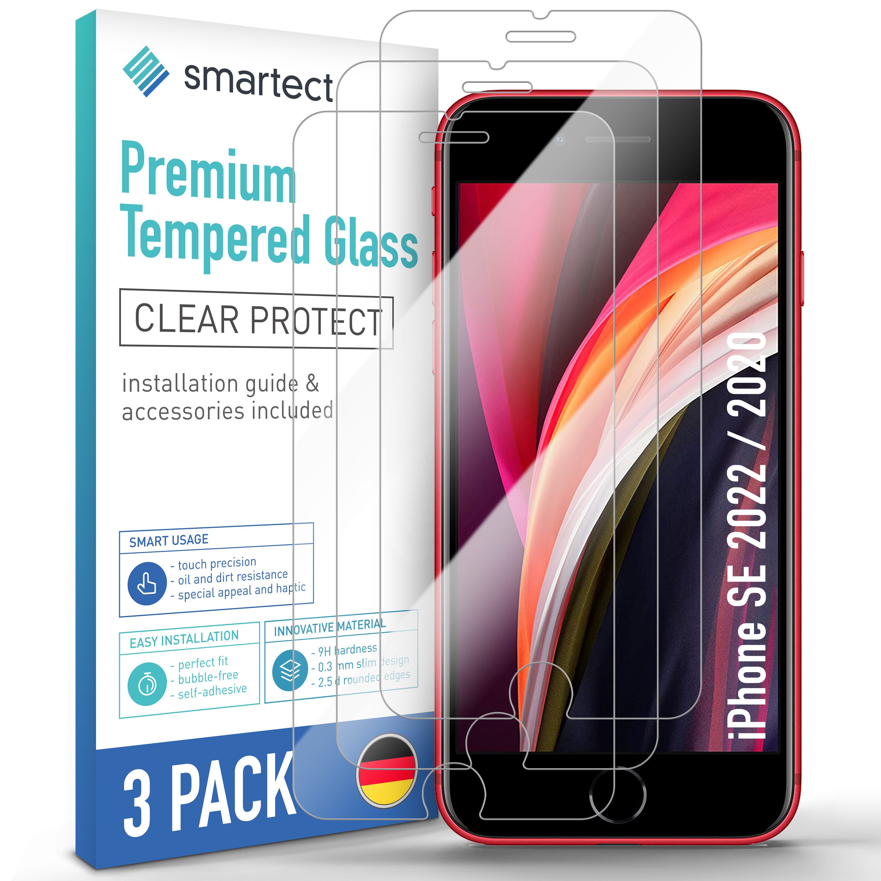 smartect Displayschutzglas 3X Schutzglas Panzerfolie Klar für iPhone SE 2022 / 2020 für Apple iPhone SE 2022 / 2020, Set, 3 Stück, 0.3 mm Ultra-klar, 9H Härte, Kratzfest, Stoßfest, Blasenfrei, Oleophob