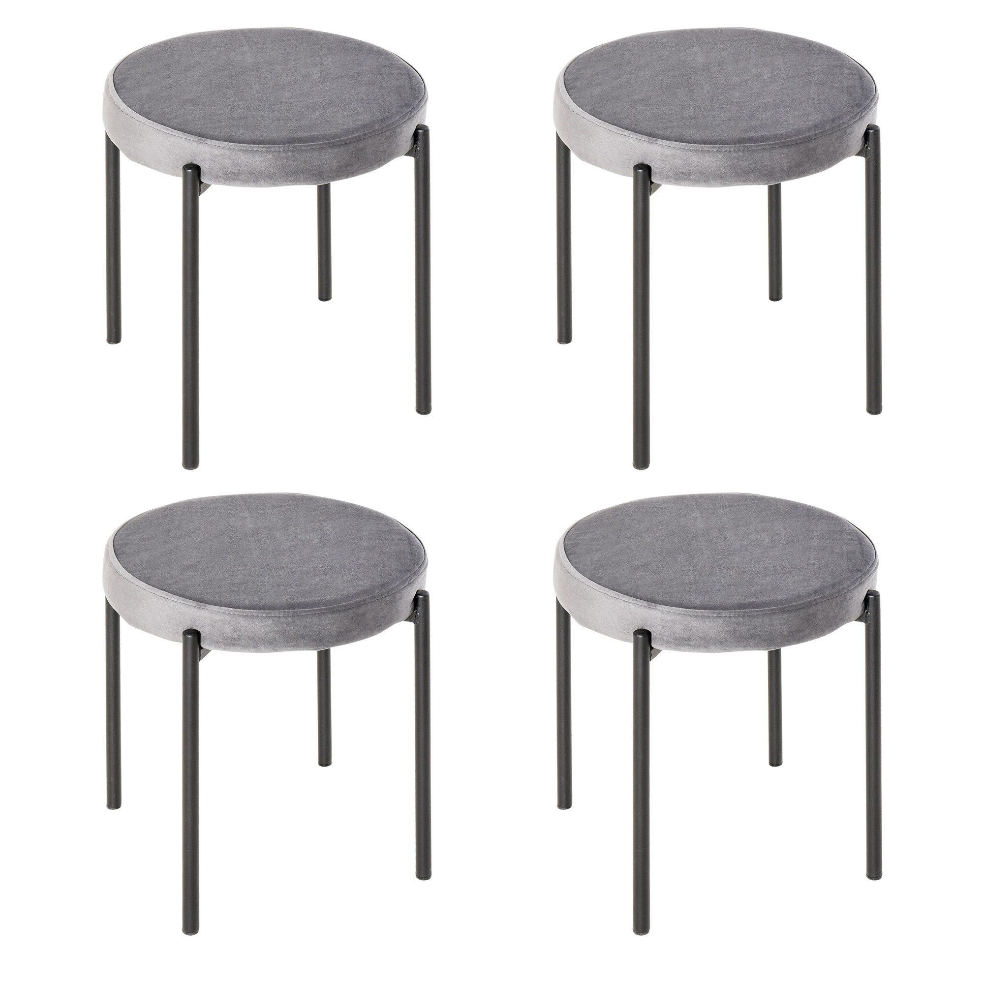 HOMCOM Esszimmerstuhl Stapelhocker Polsterhocker aus Metall Wohnzimmer (Rundhocker, 4 St), für Küche Esszimmer Samt Dunkelgrau 41,5 x 41,5 x 46 cm – Bild 2 von 5