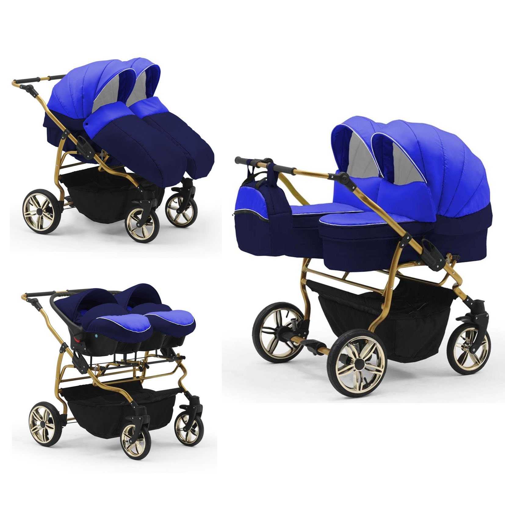 babies-on-wheels Zwillingswagen Duet Lux Gold 3 in 1 inkl. Autositze - 13 Teile - in 33 Farben Royalblau-Navy