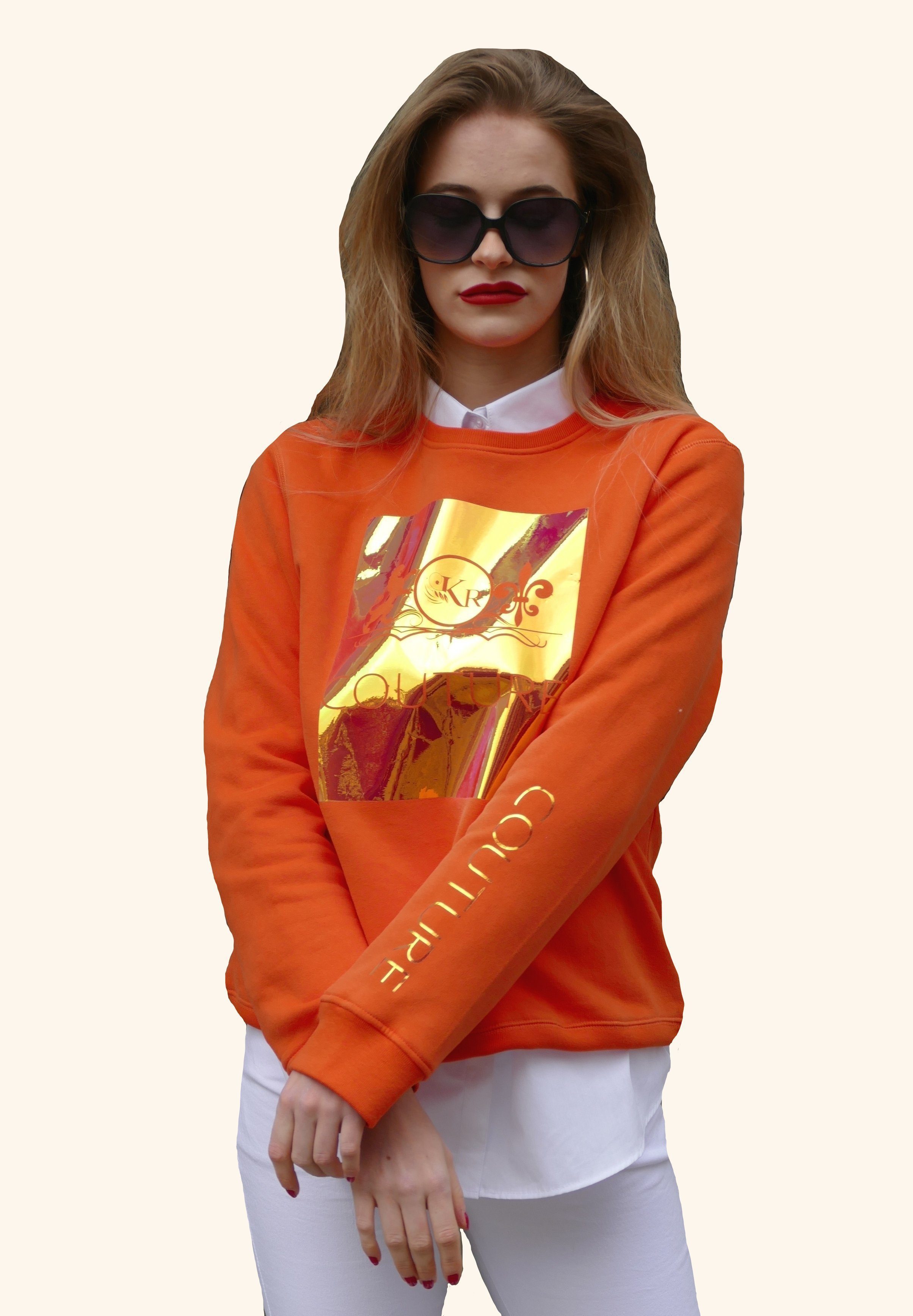 KR-Industries Rundhalspullover Orange mit schillernden Applikationen