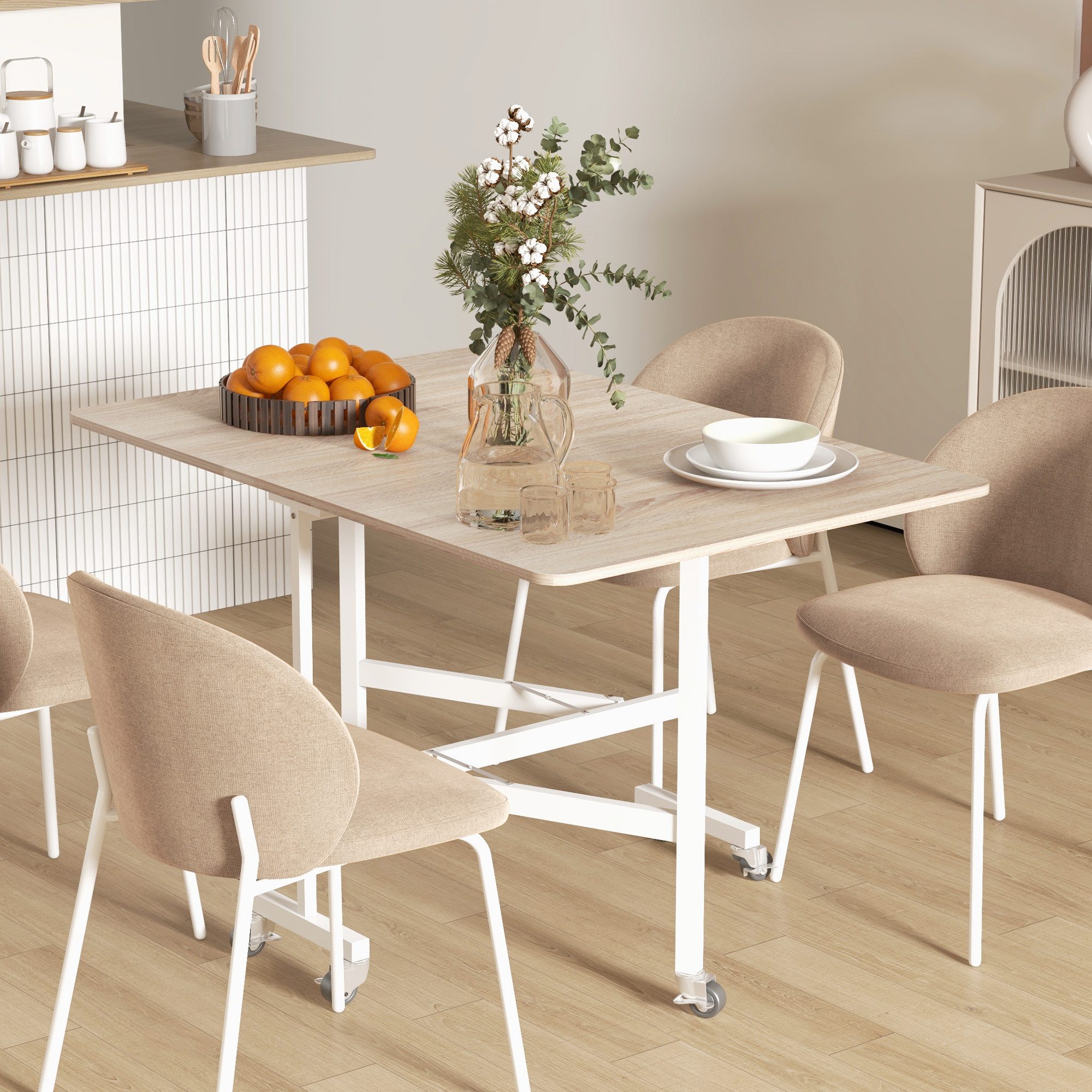 HOMCOM Klapptisch Esstisch Küchentisch für 4-6 Personen, Stahlbeine (Set, 1-St., 1 Tisch), Platzsparend, klappbar, mit Rollen