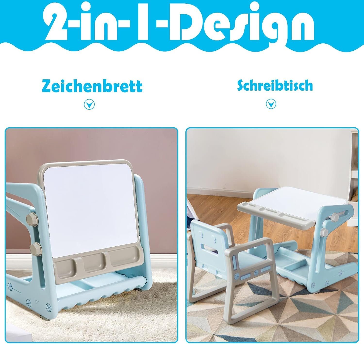 verstellbarer blau Zeichentisch mit Kinderschreibtisch Stuhl (2-St), Stauraum, mit KOMFOTTEU
