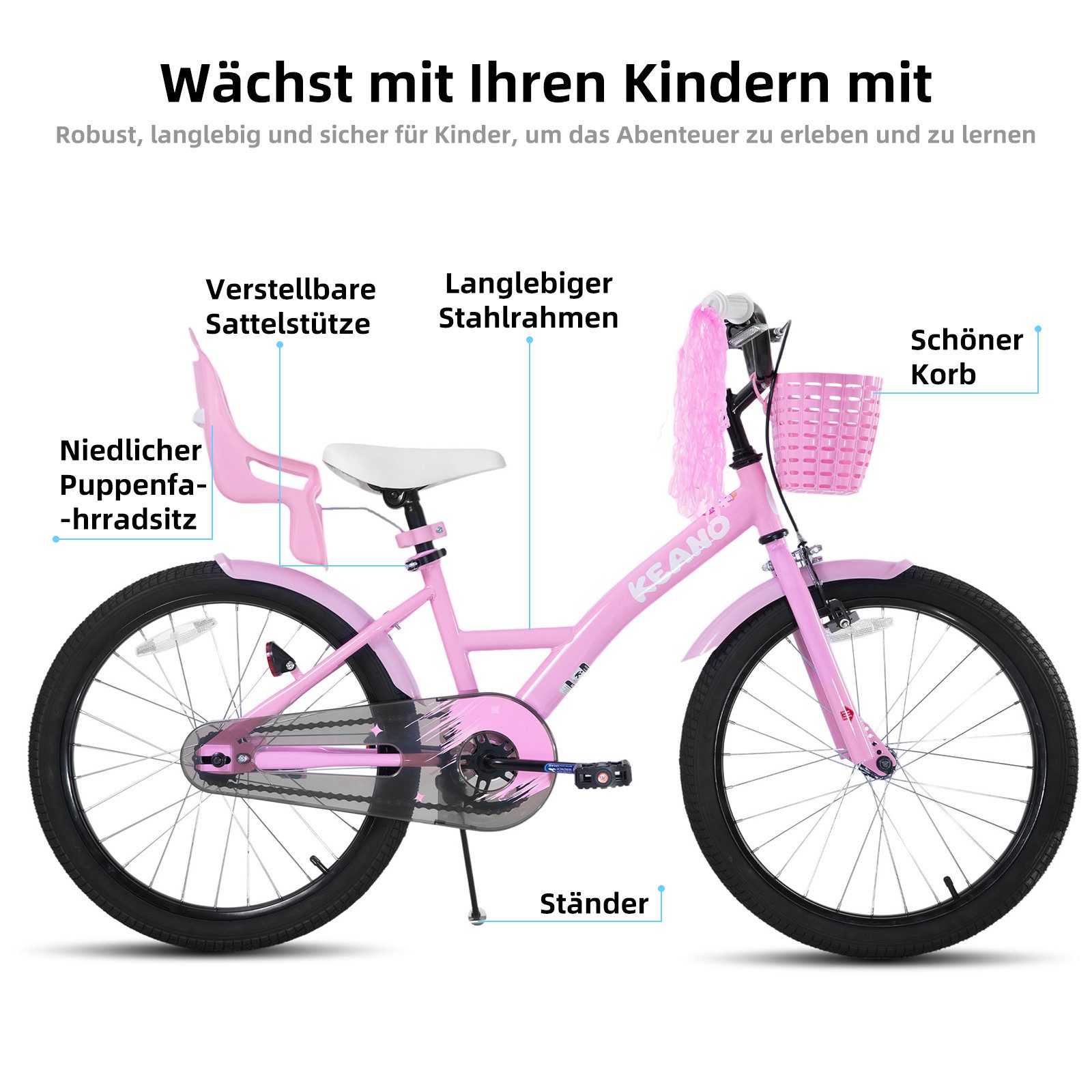 JOYSTAR Kinderfahrrad Mädchenfahrrad 14/16/18/20 Zoll mit Hochkarbonstahlrahmen, mit Puppensitz und Korb,Stützräder, Luftschlangen, Schutzblechen