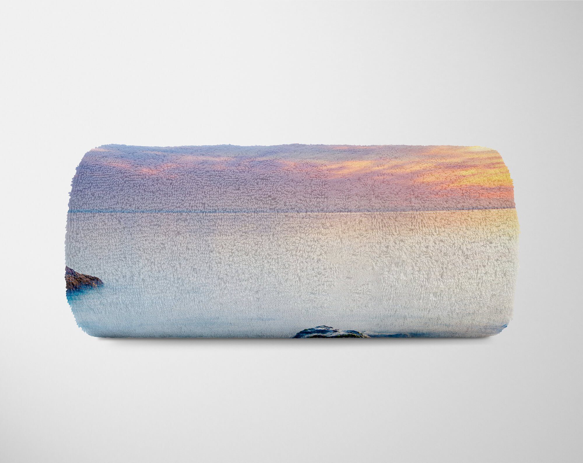 (1-St), mit Kuscheldecke Strandhandtuch Handtücher Art Meer Baumwolle-Polyester-Mix Handtuch Handtuch Saunatuch Horizo, Felsen Sinus Fotomotiv